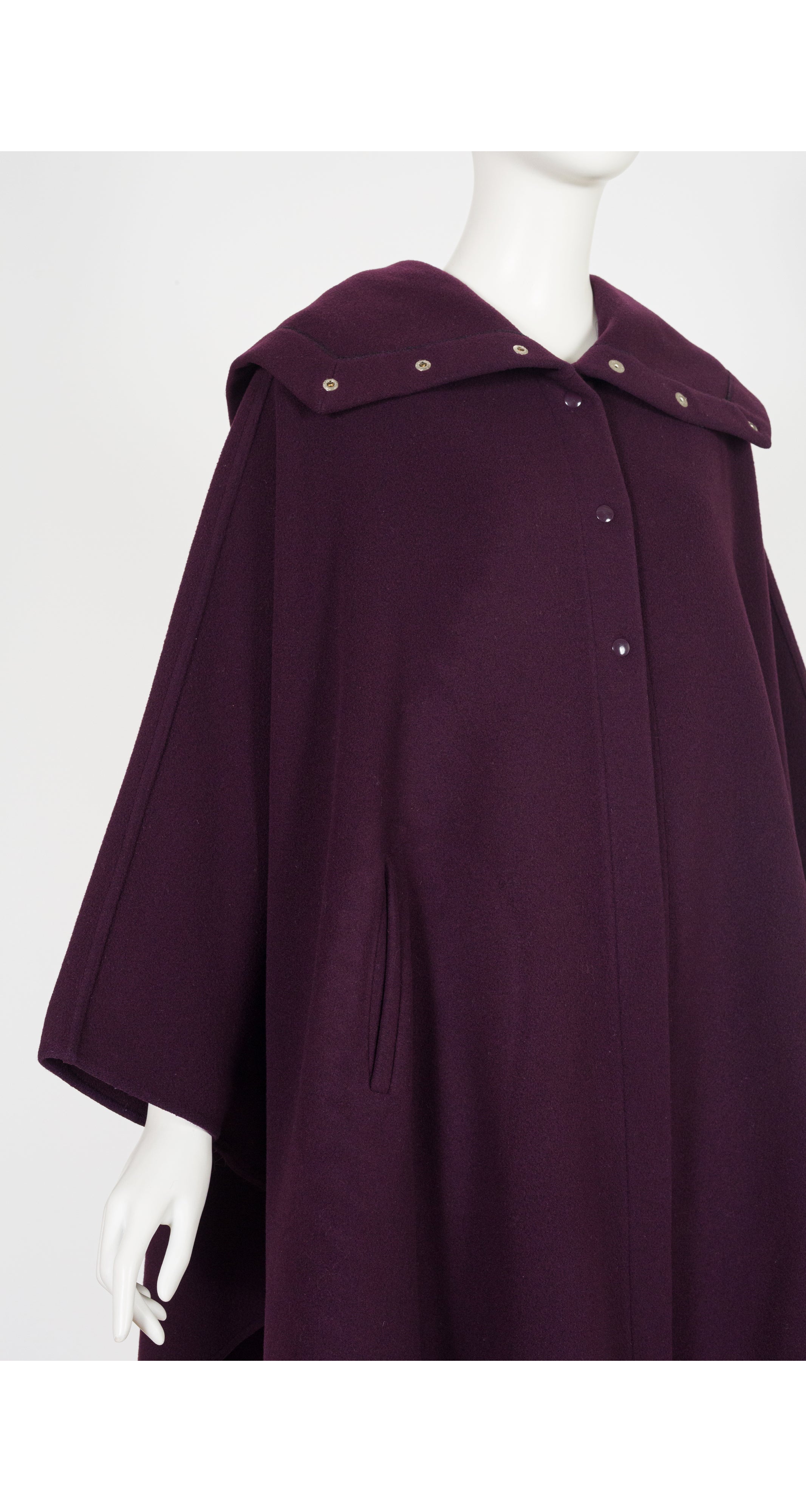 1970s Plum Wool Snap-Up Hooded Cape