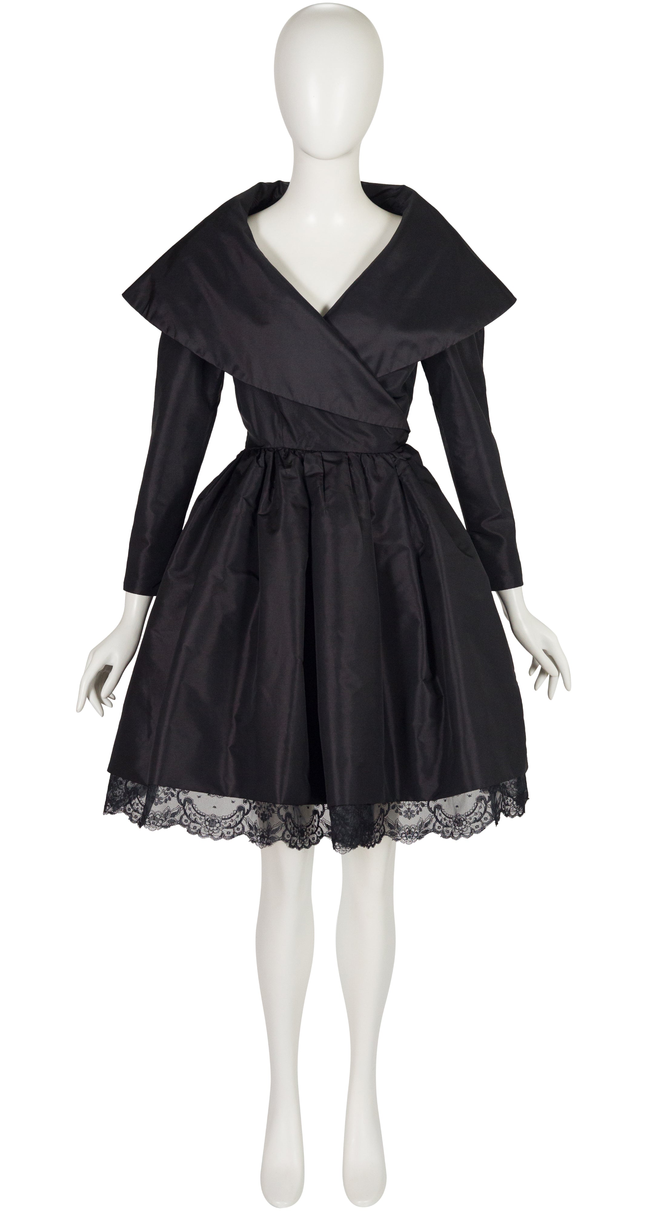 1980s Black Taffeta Shawl Collar Cocktail Dress