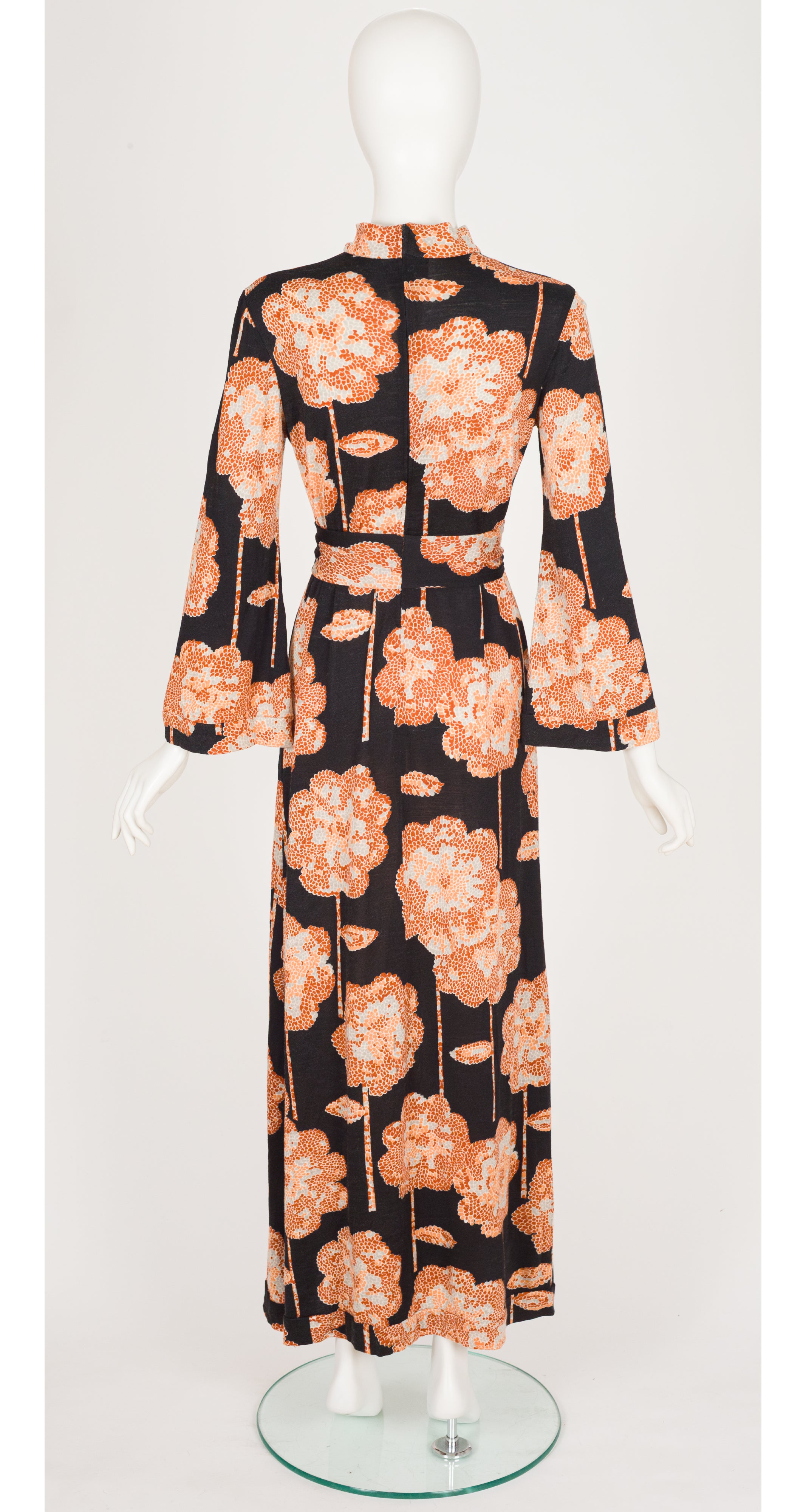 1970s Abstract Floral Print Jersey Belted Maxi Dress