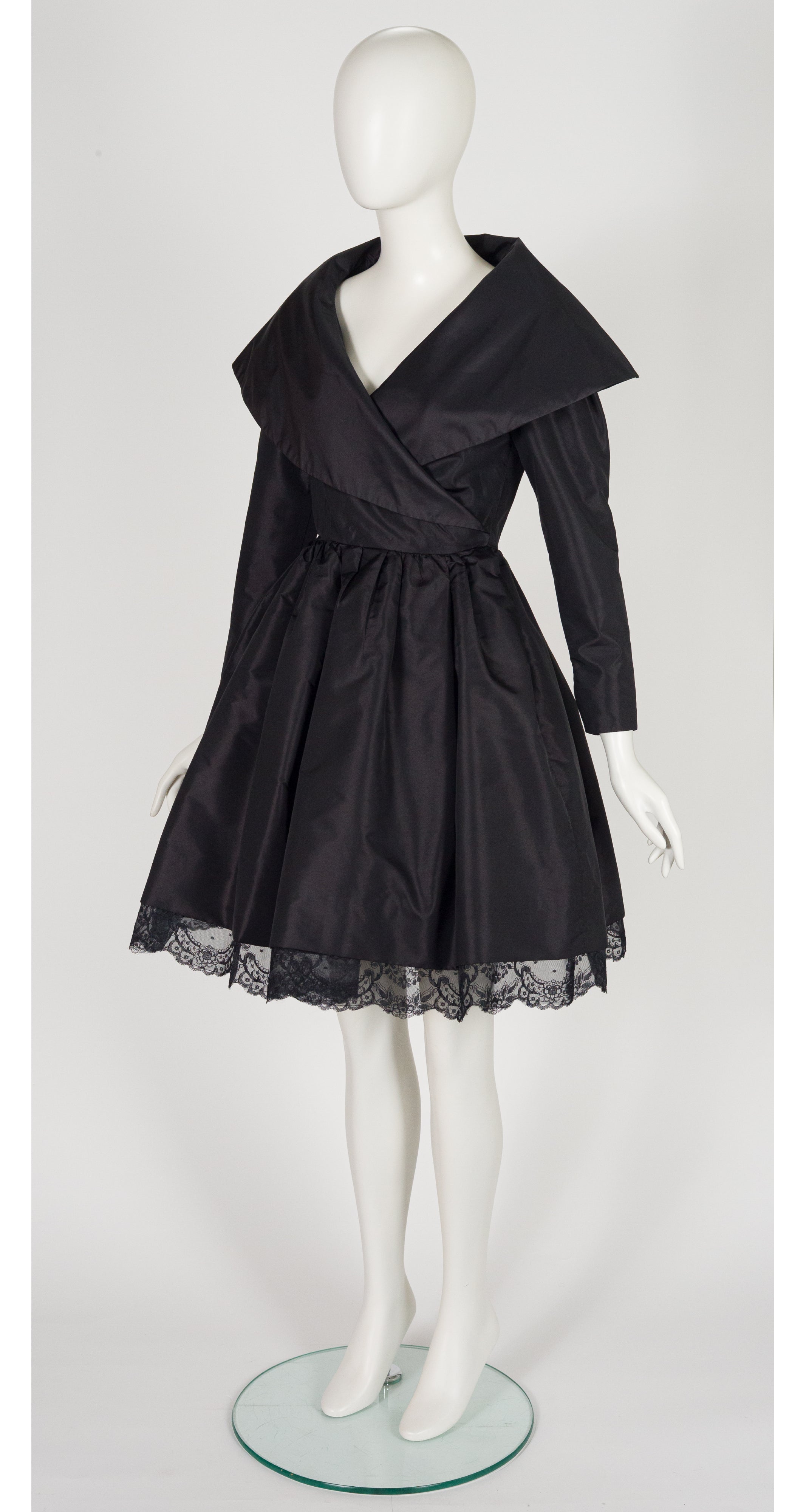 1980s Black Taffeta Shawl Collar Cocktail Dress