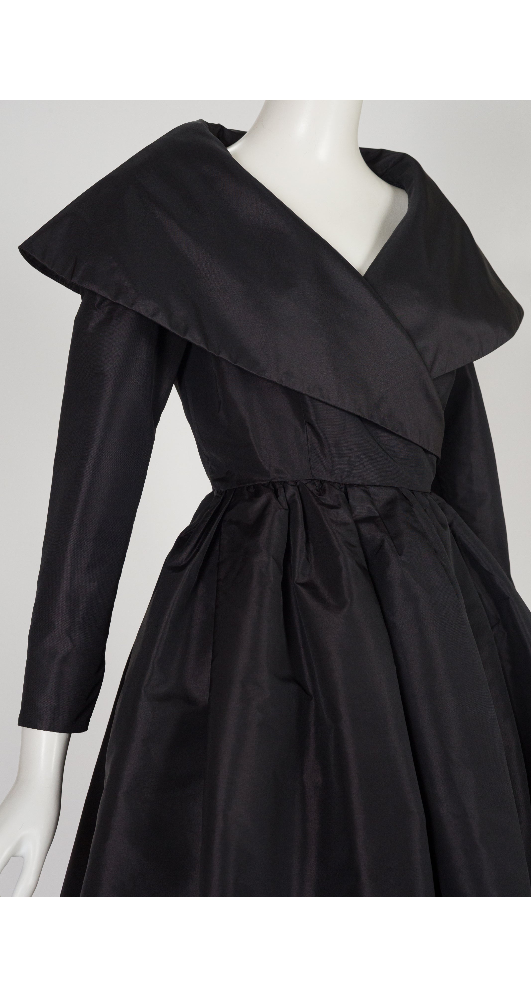 1980s Black Taffeta Shawl Collar Cocktail Dress