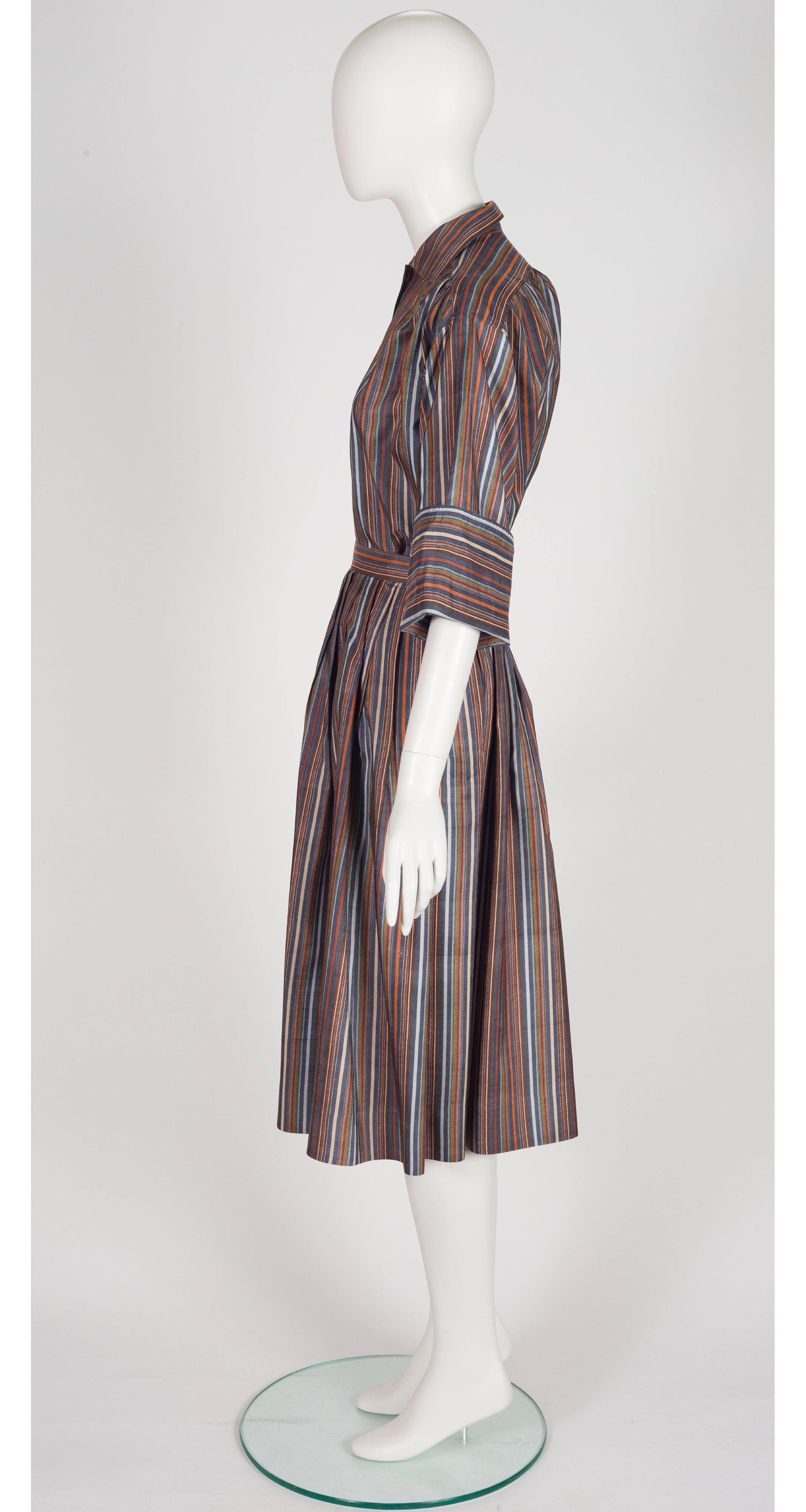 1970s Striped Raw Silk Blouse & Pleated Skirt Set