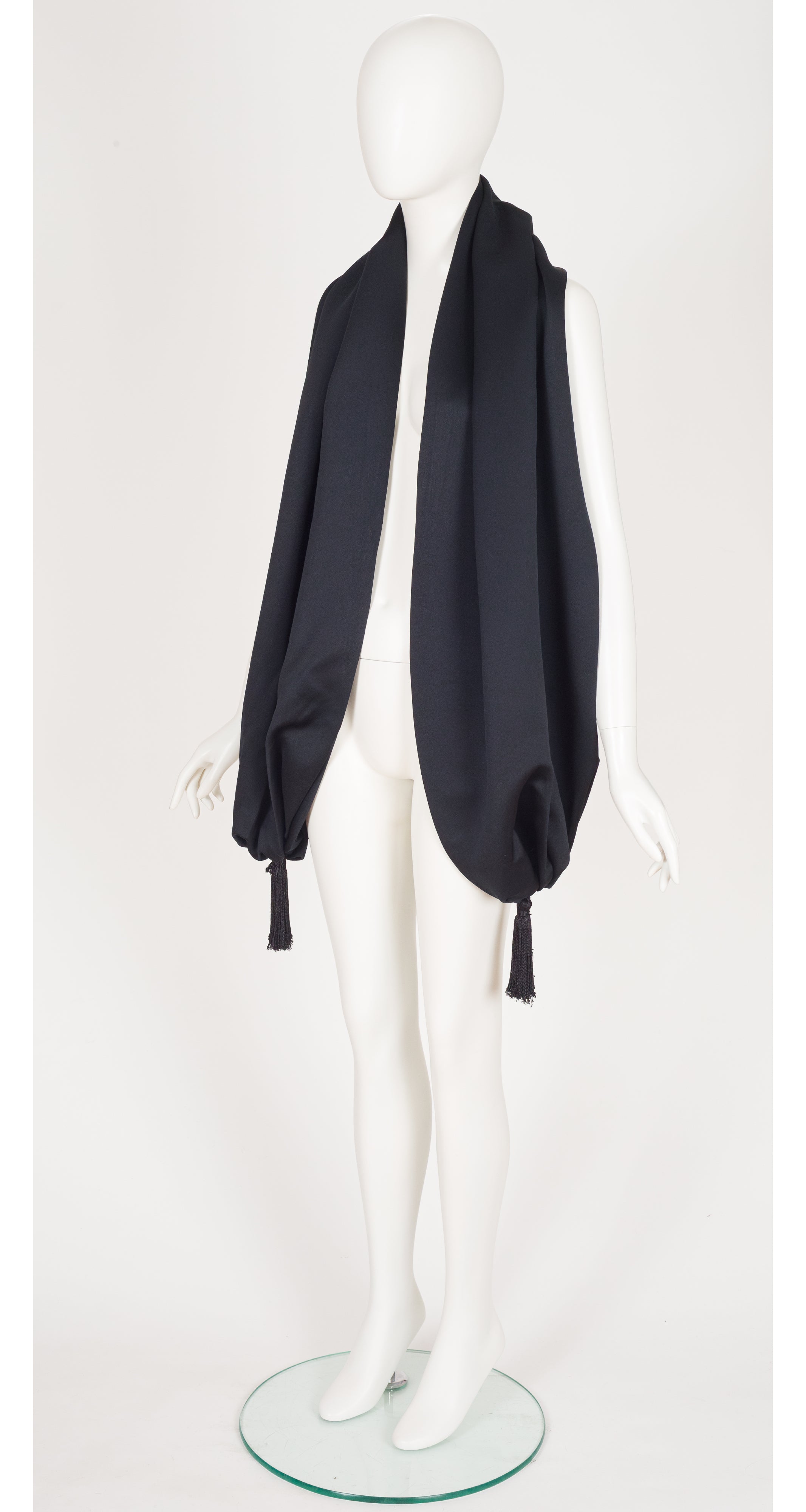 1980s Black Satin Tassel Evening Shawl