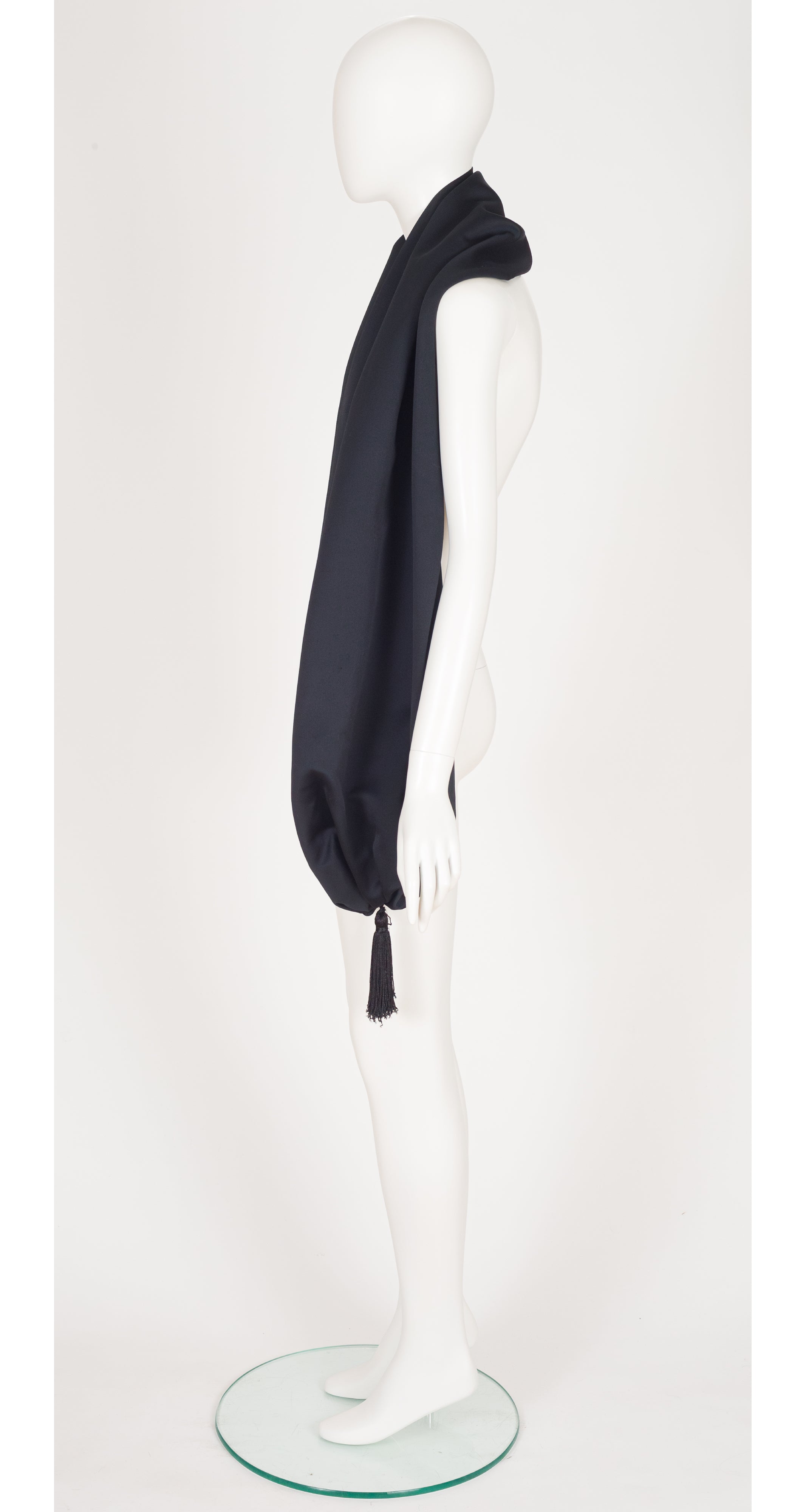 1980s Black Satin Tassel Evening Shawl