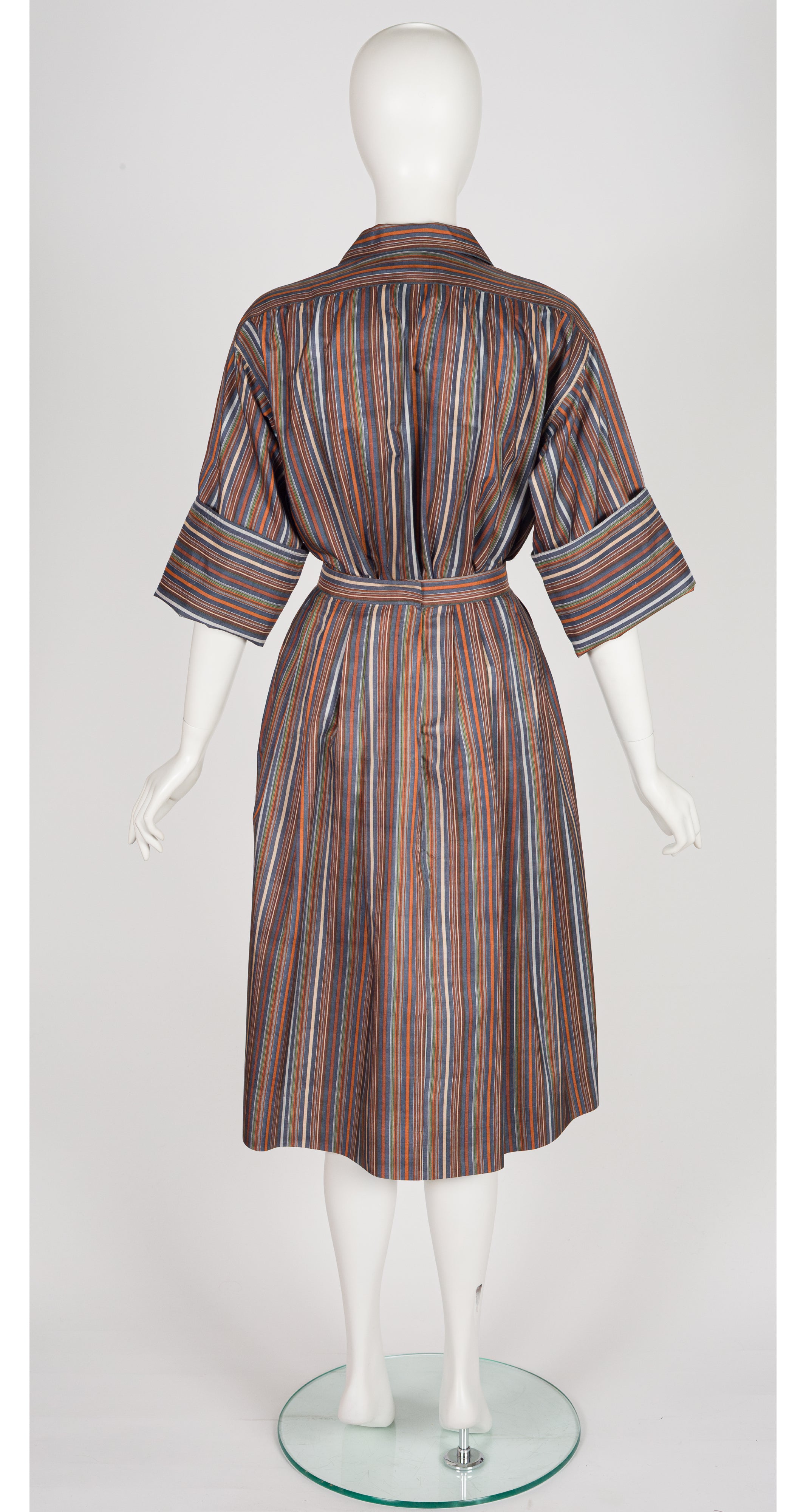 1970s Striped Raw Silk Blouse & Pleated Skirt Set