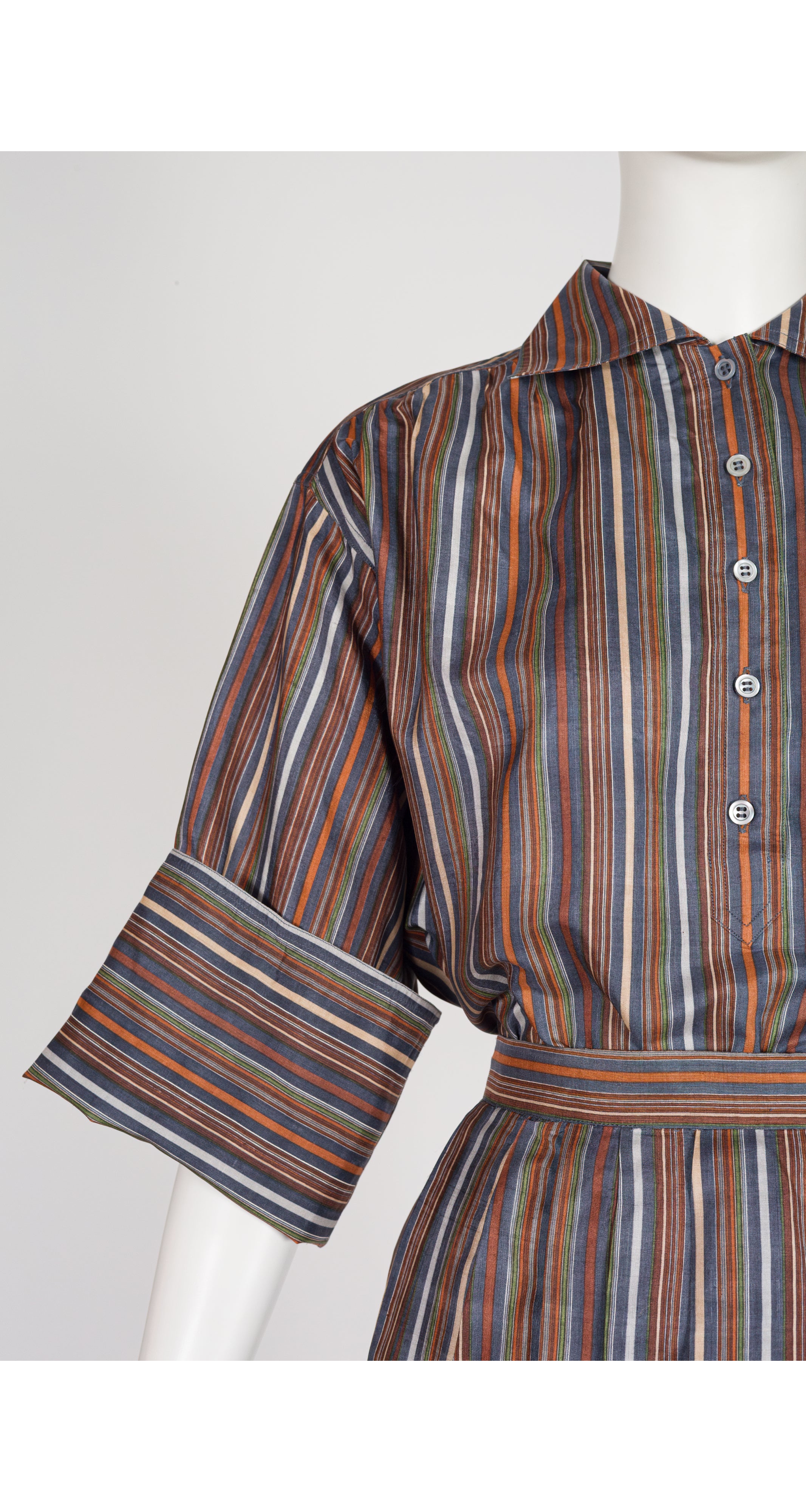 1970s Striped Raw Silk Blouse & Pleated Skirt Set