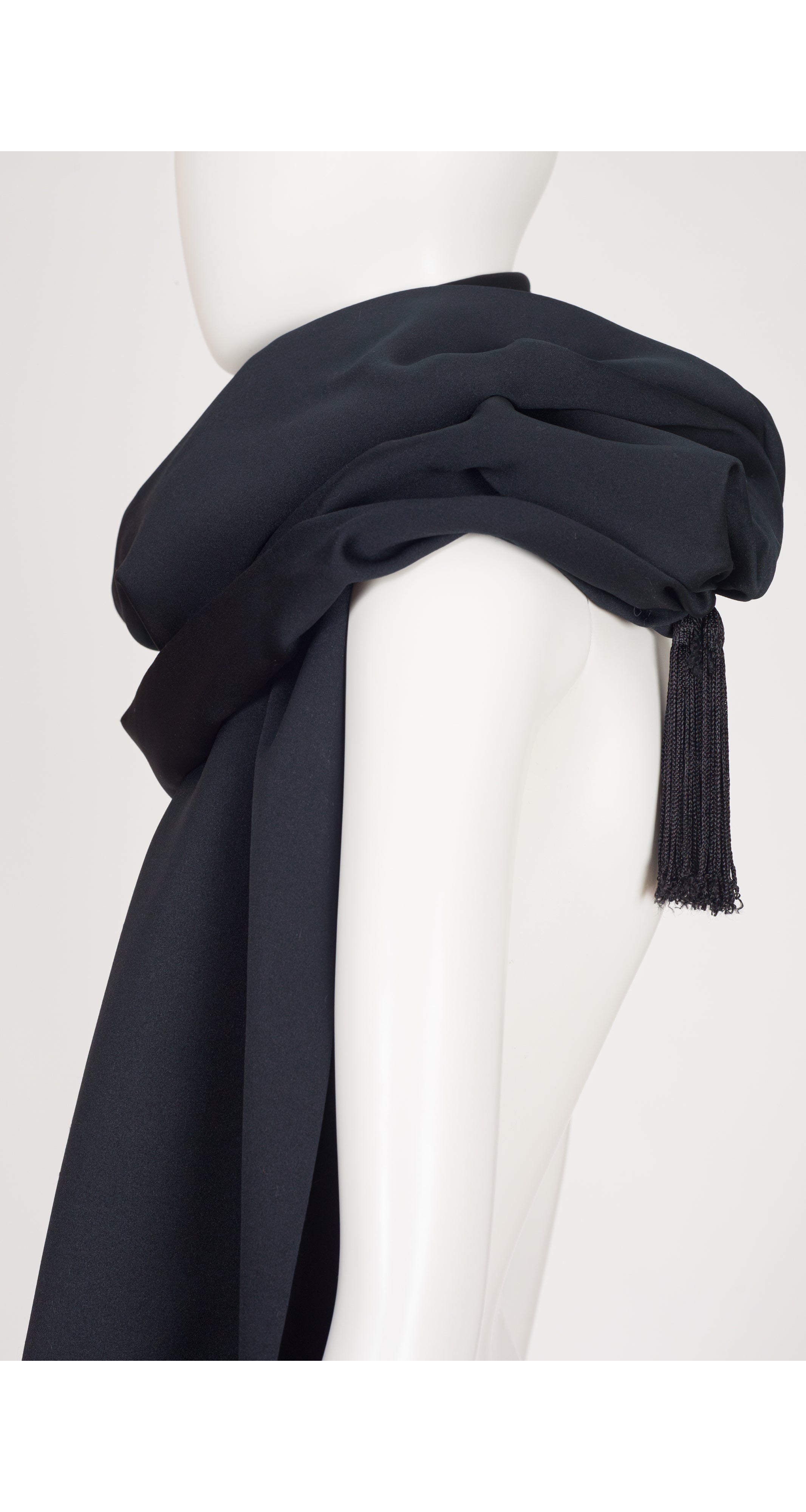 1980s Black Satin Tassel Evening Shawl