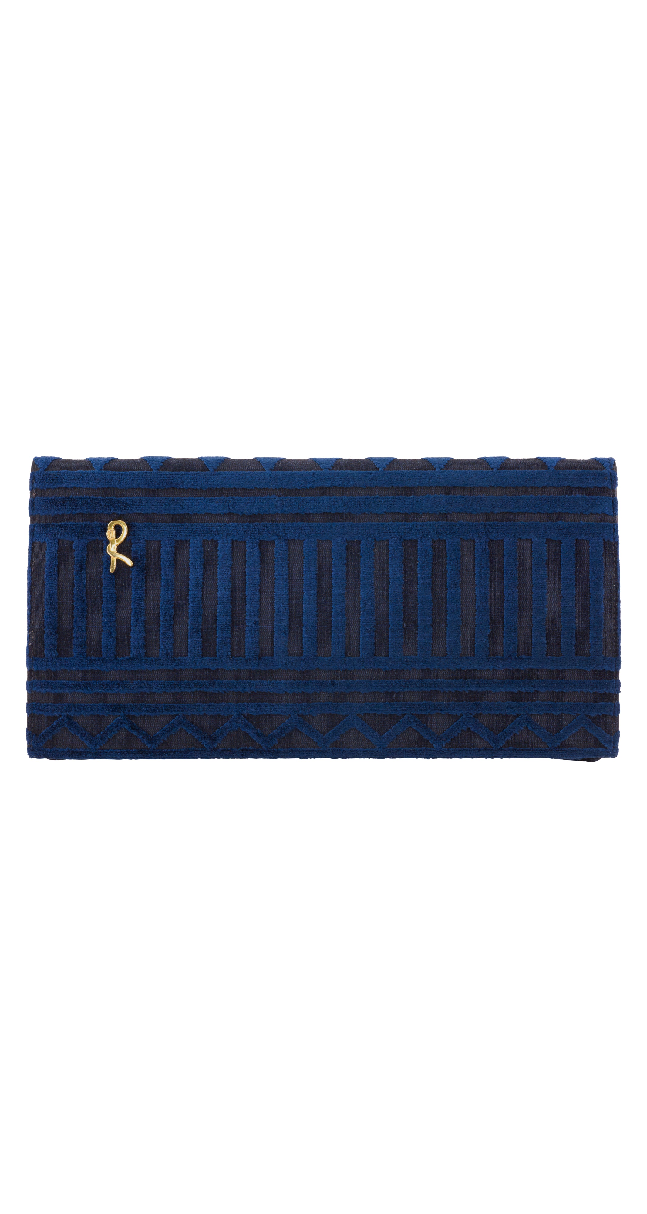 1970s "R" Logo Geometric Blue Velvet Envelope Clutch