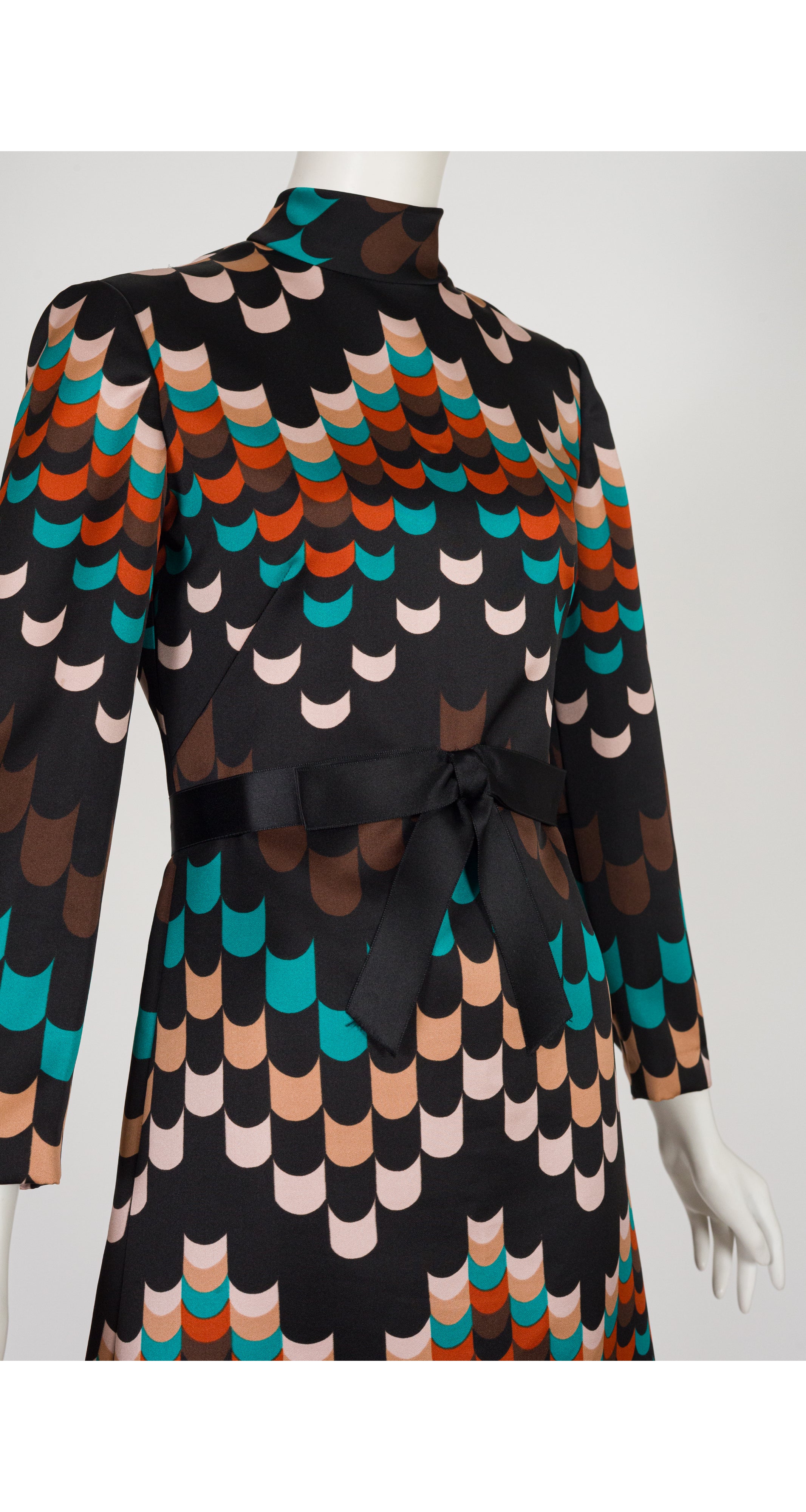 1970s Geometric Print Mock Neck A-Line Dress