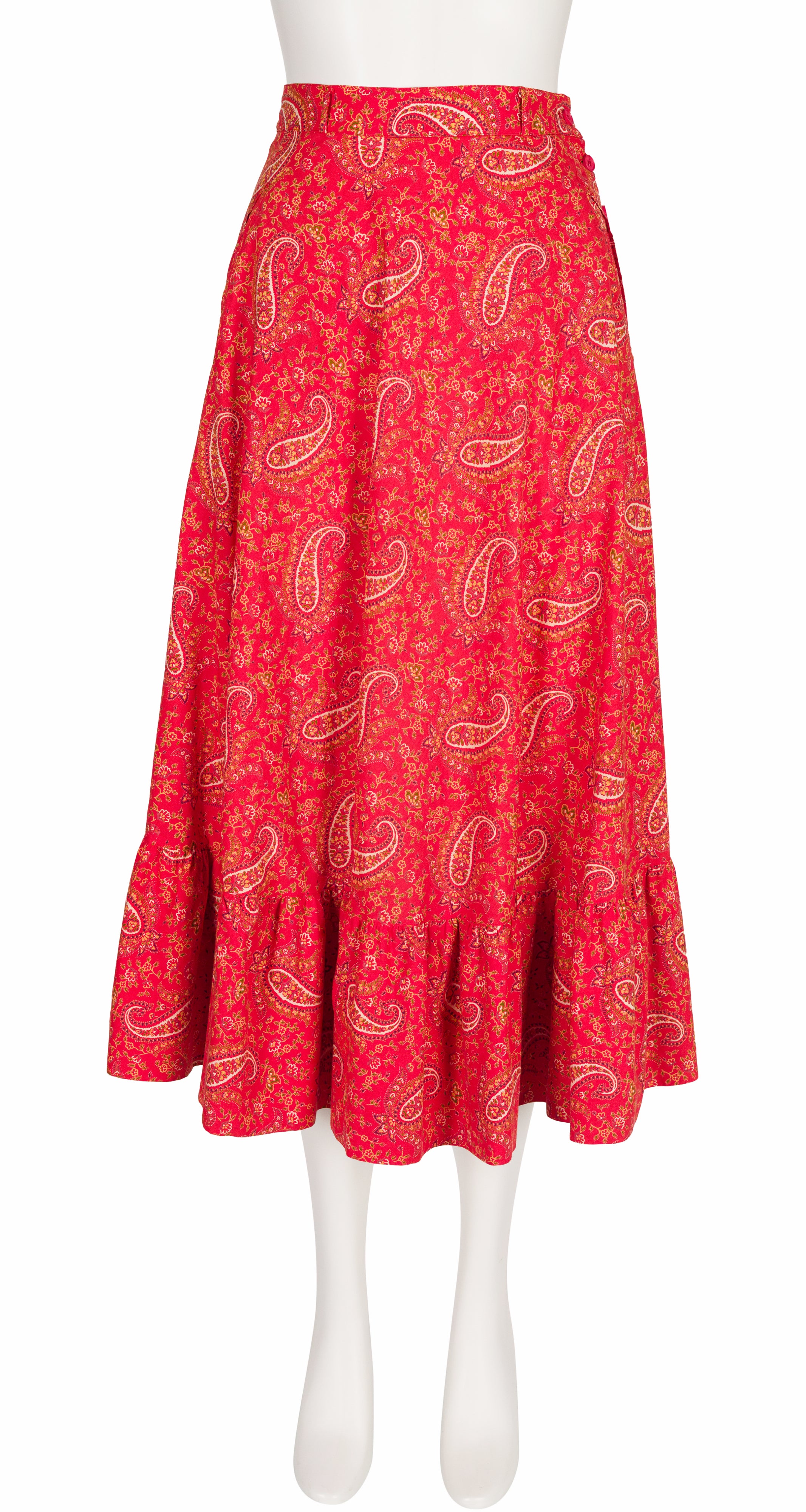 1970s Paisley Bandana Print Red Cotton Midi Skirt