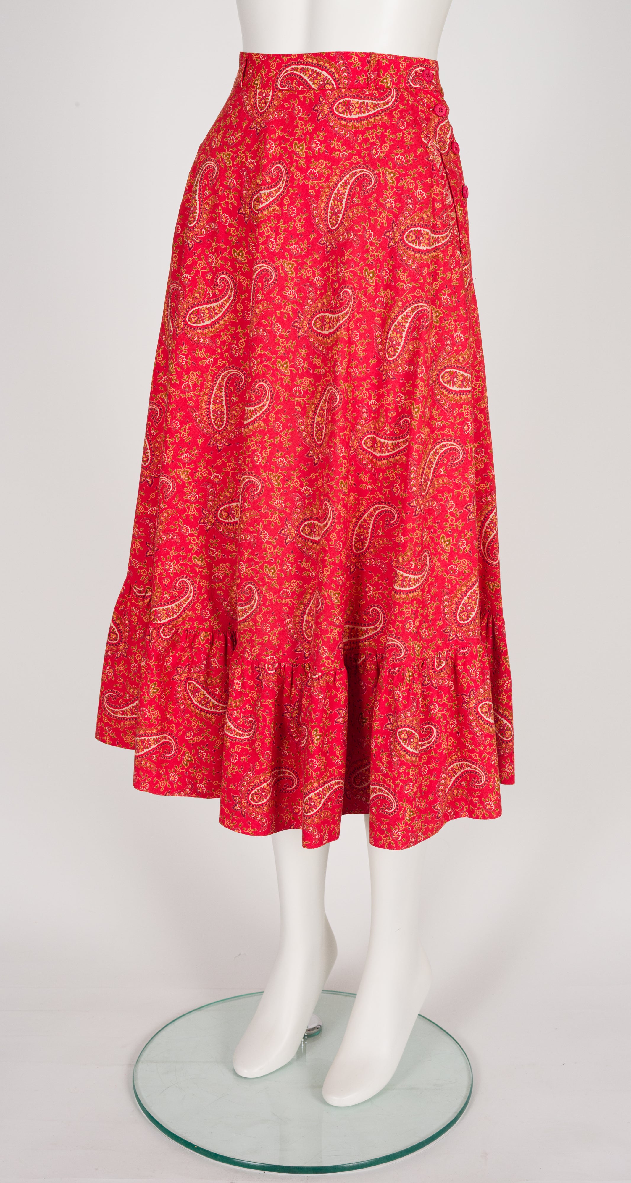 1970s Paisley Bandana Print Red Cotton Midi Skirt