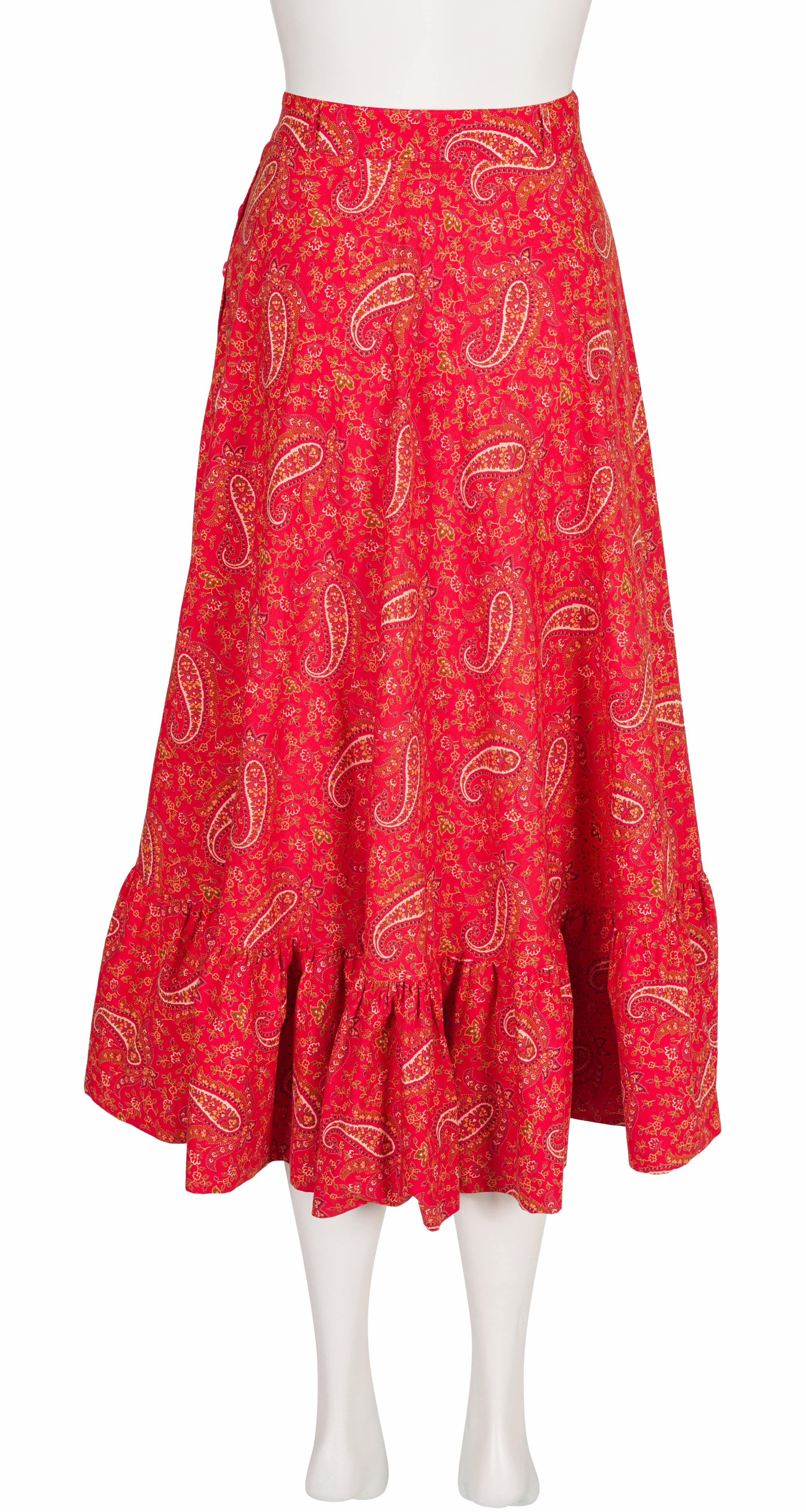 1970s Paisley Bandana Print Red Cotton Midi Skirt