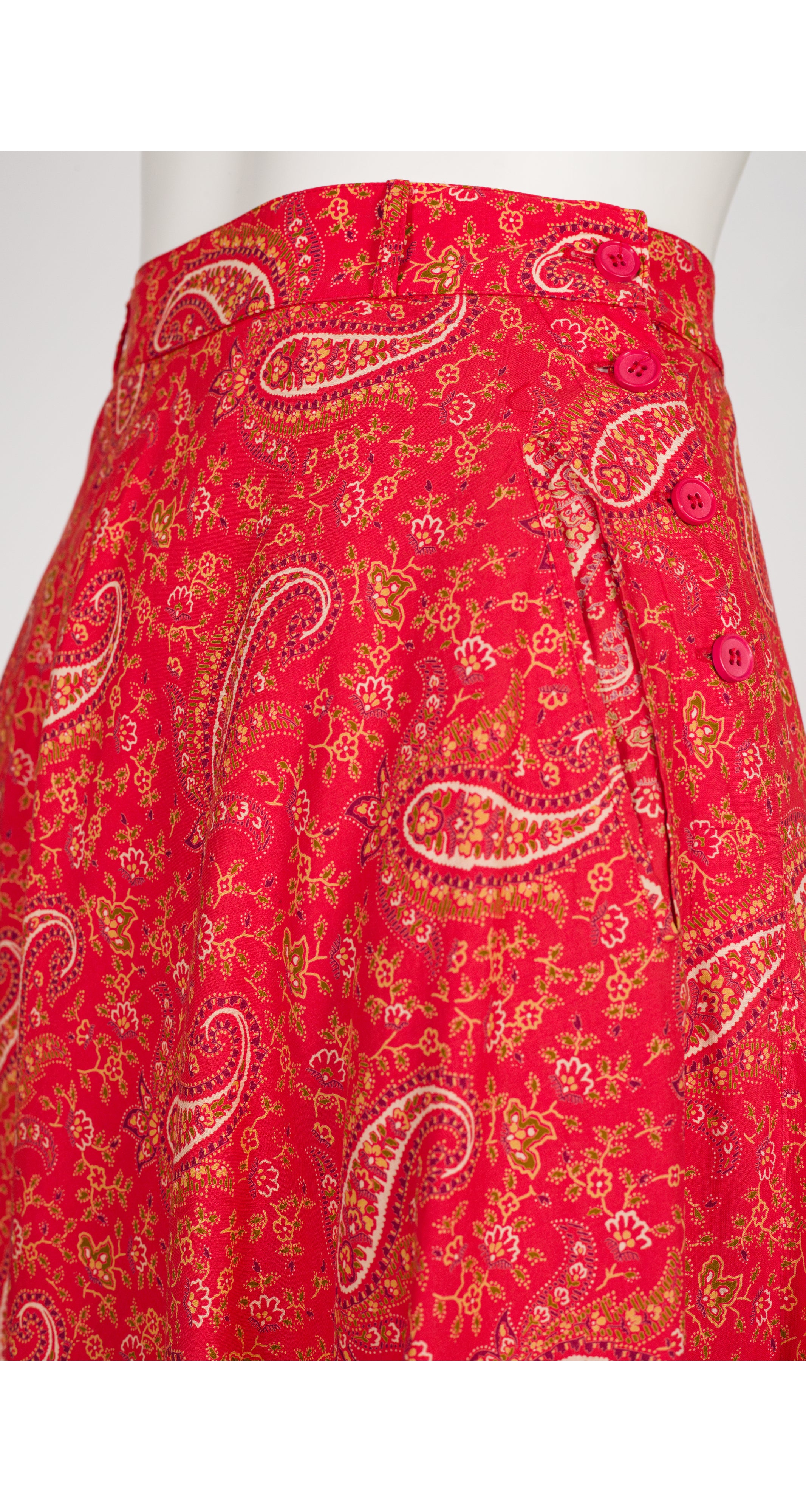 1970s Paisley Bandana Print Red Cotton Midi Skirt