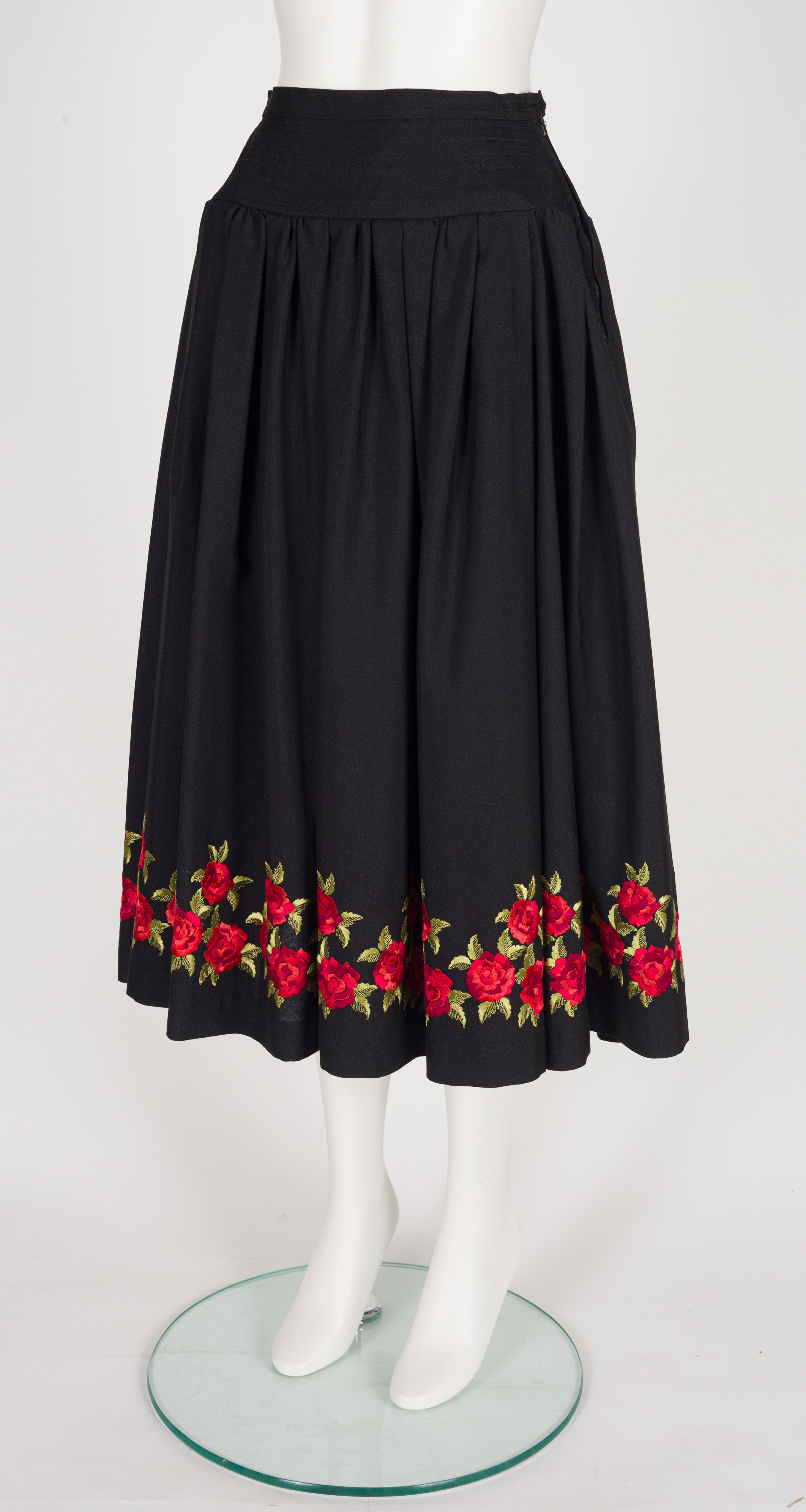 1970s Rose Embroidered Black Peasant Full Midi Skirt