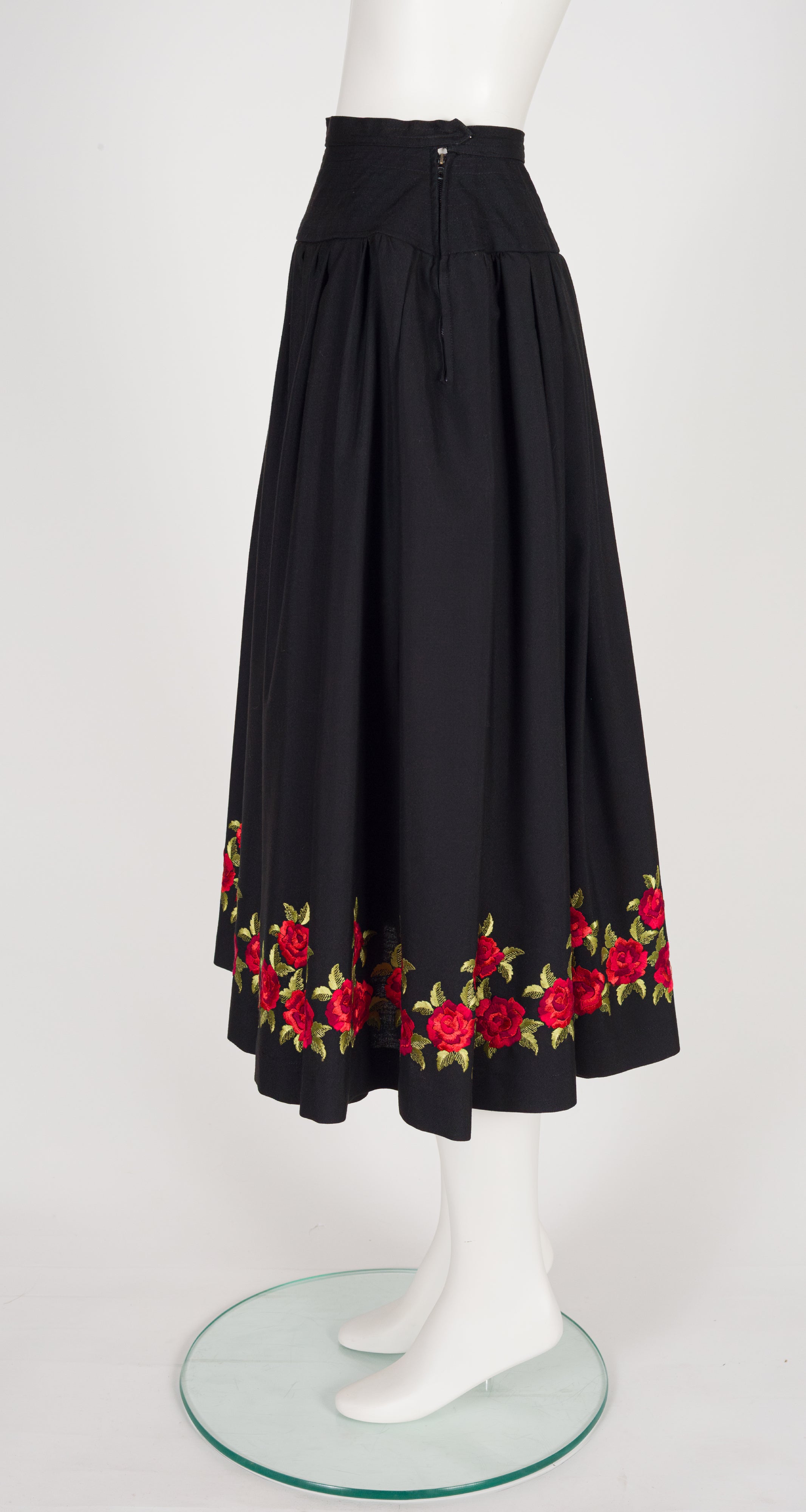 1970s Rose Embroidered Black Peasant Full Midi Skirt