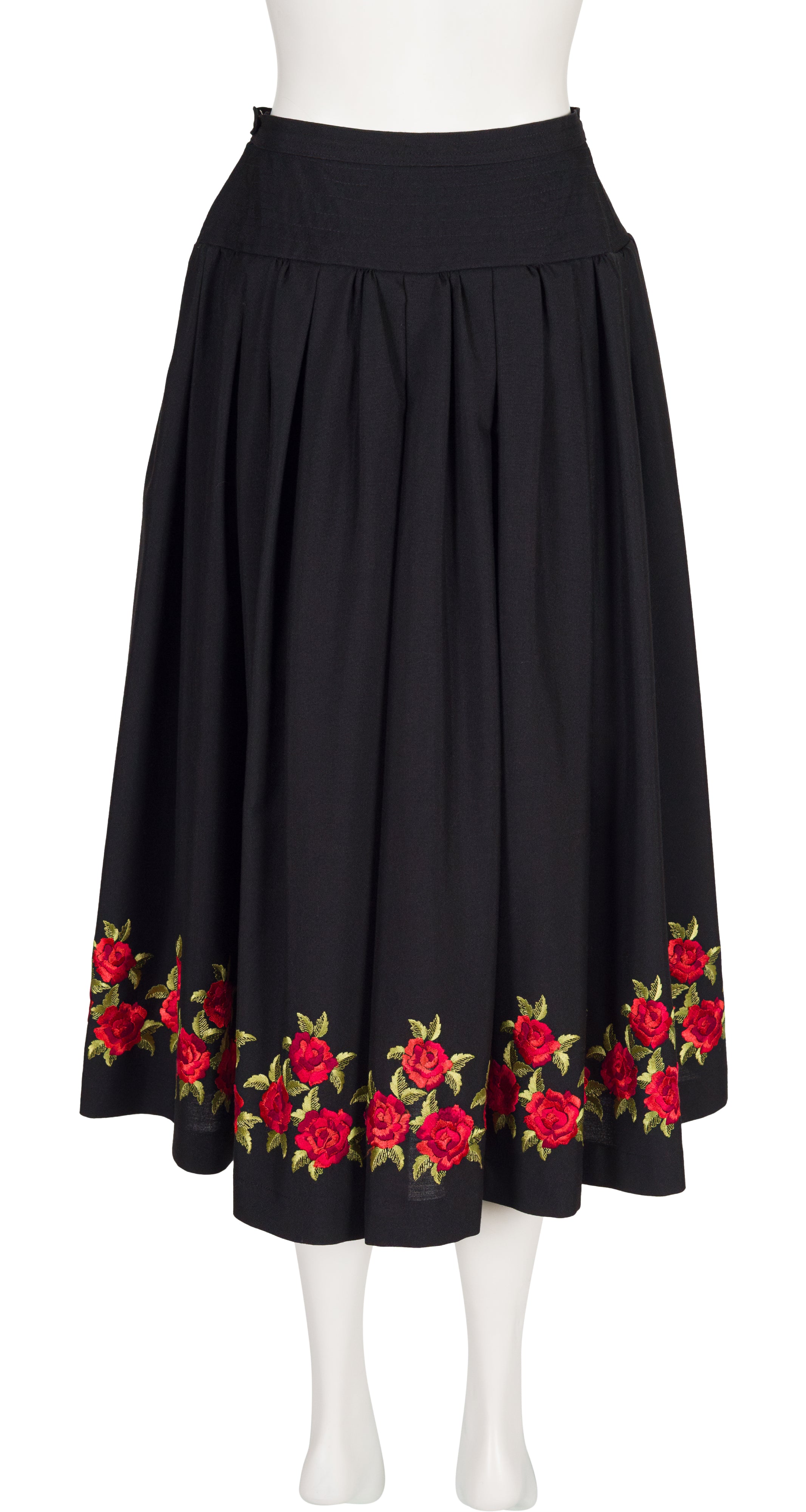 1970s Rose Embroidered Black Peasant Full Midi Skirt