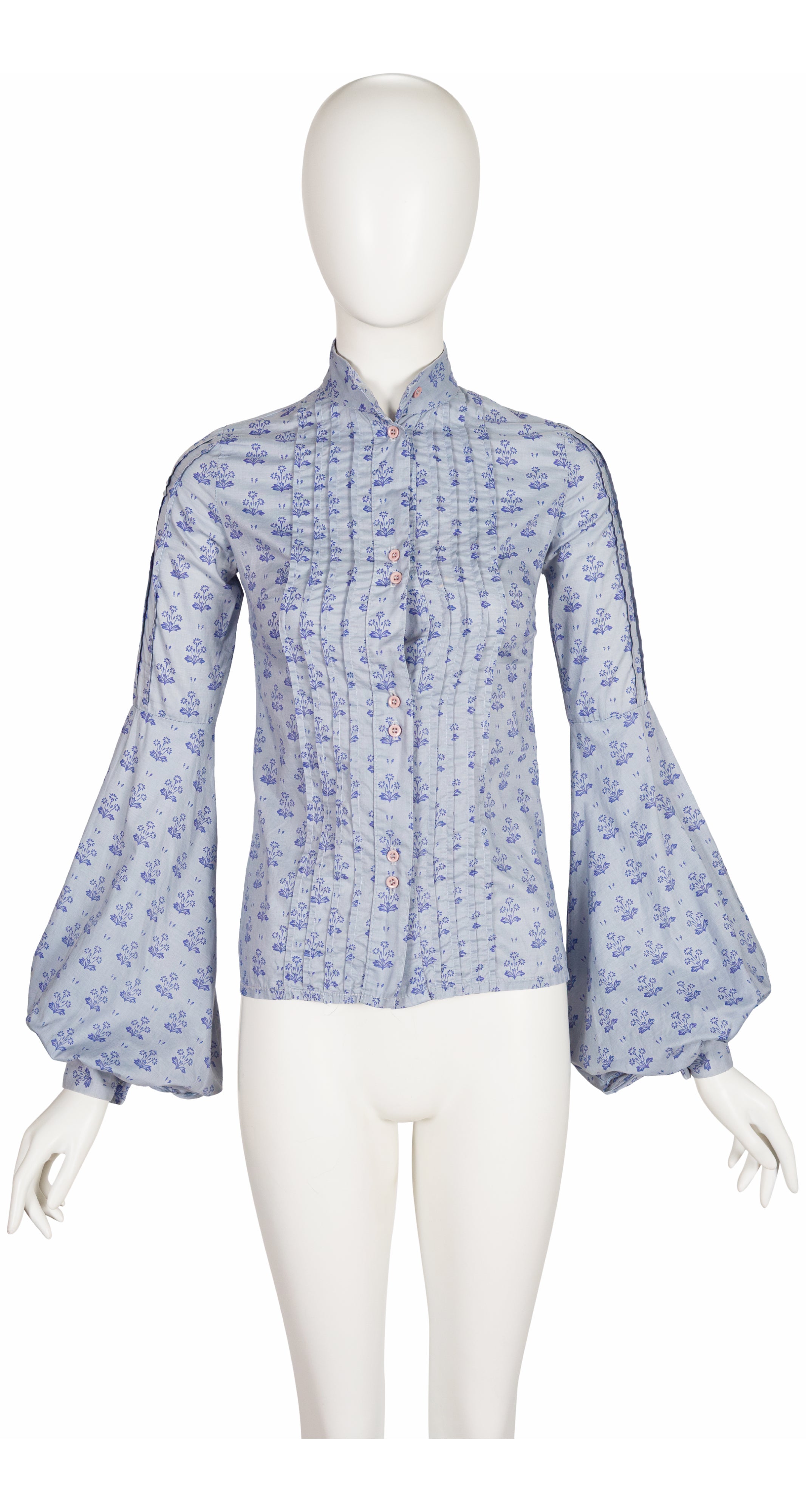 1970s Floral Periwinkle Cotton Bishop Sleeve Blouse