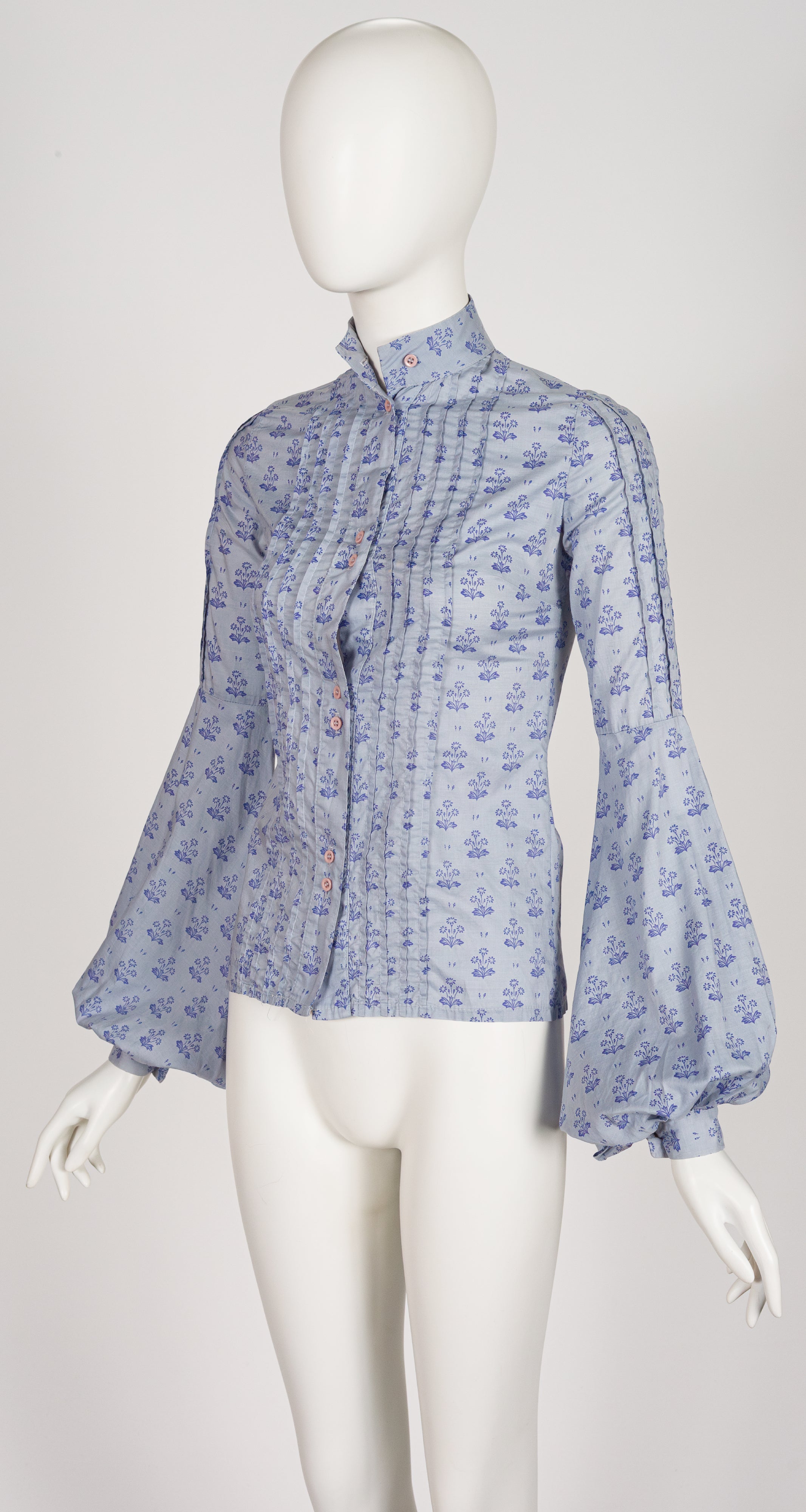 1970s Floral Periwinkle Cotton Bishop Sleeve Blouse