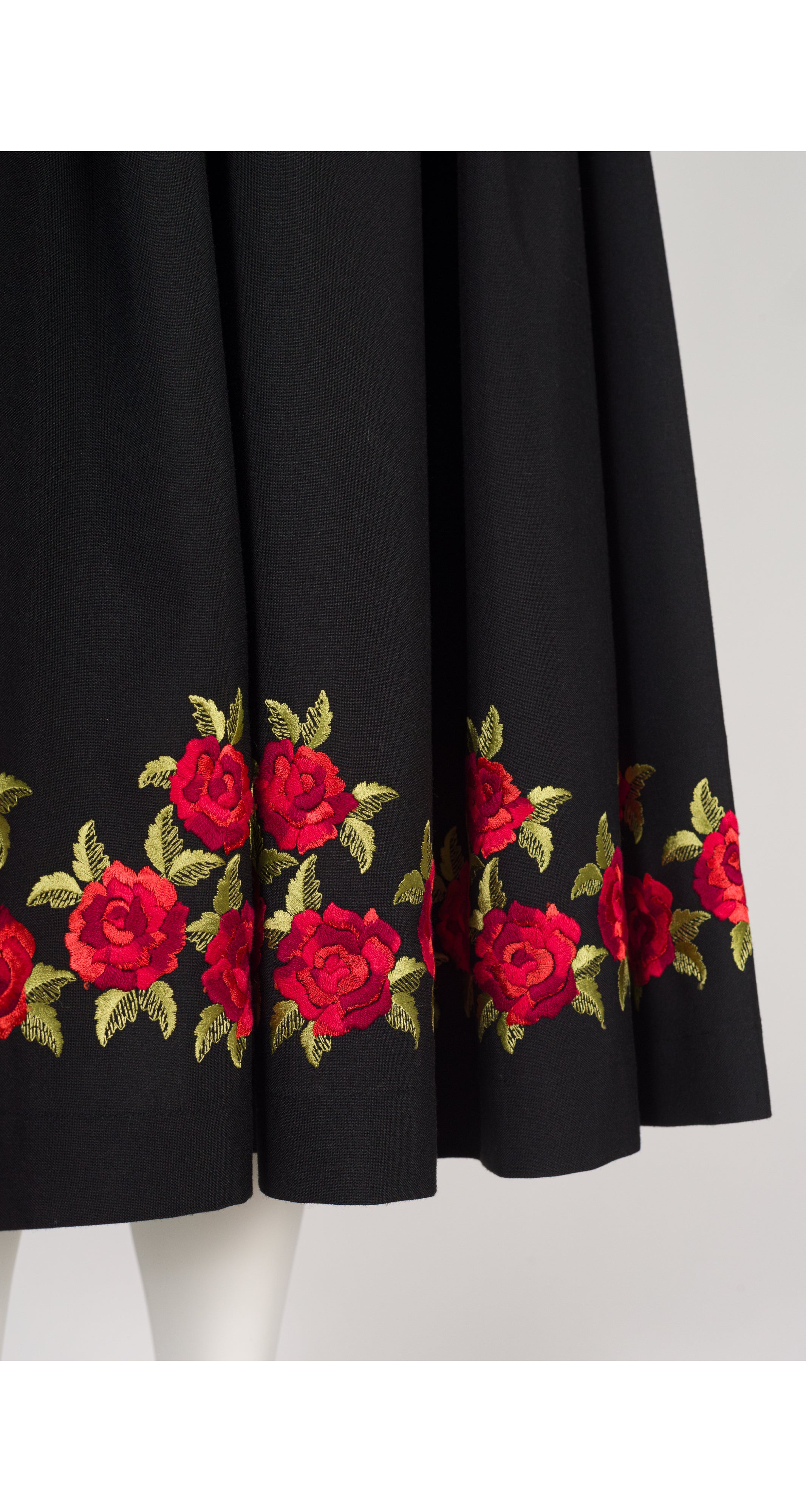 1970s Rose Embroidered Black Peasant Full Midi Skirt