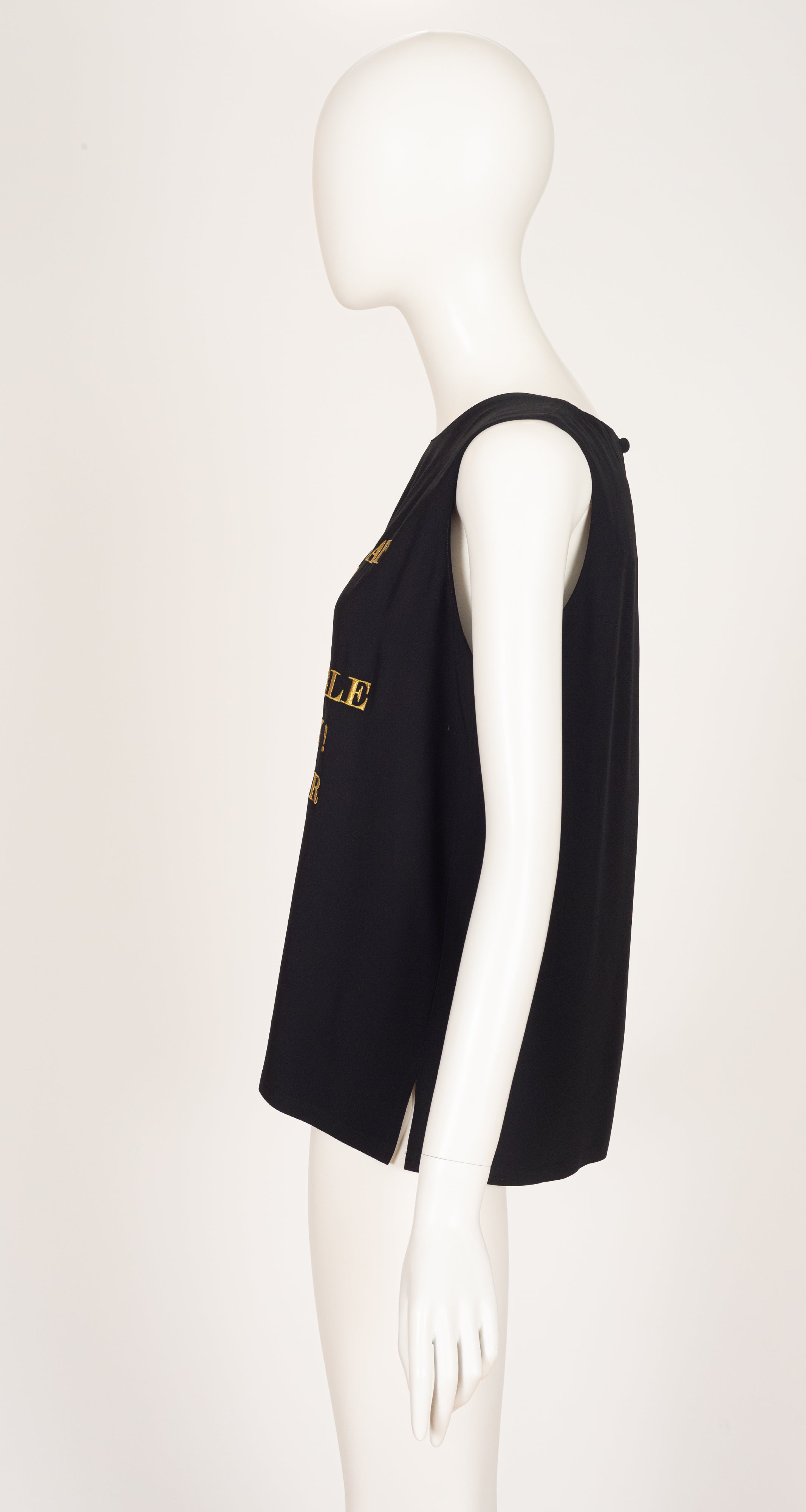 1990s Fun Slogan Black Crepe Sleeveless Top