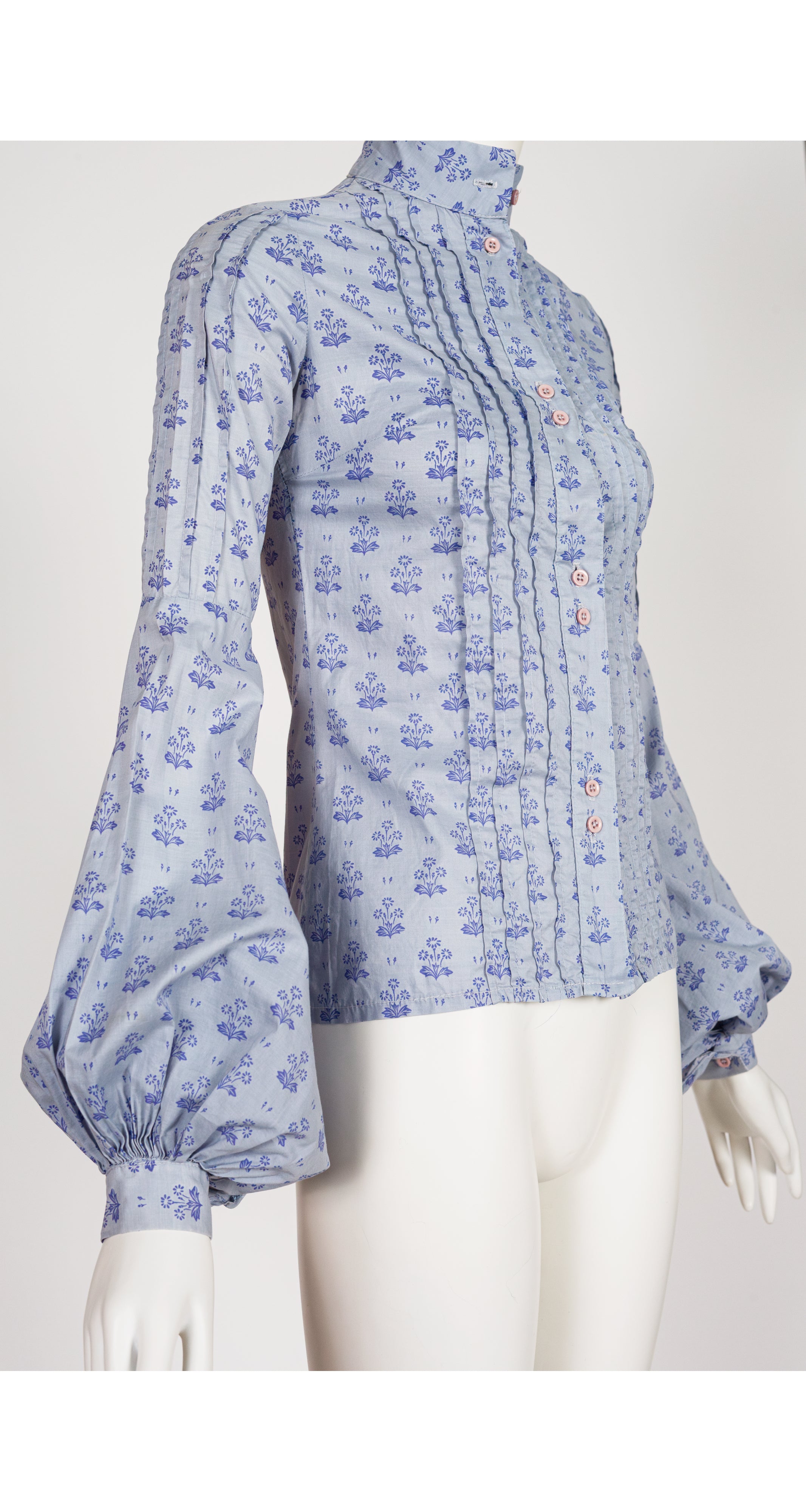 1970s Floral Periwinkle Cotton Bishop Sleeve Blouse