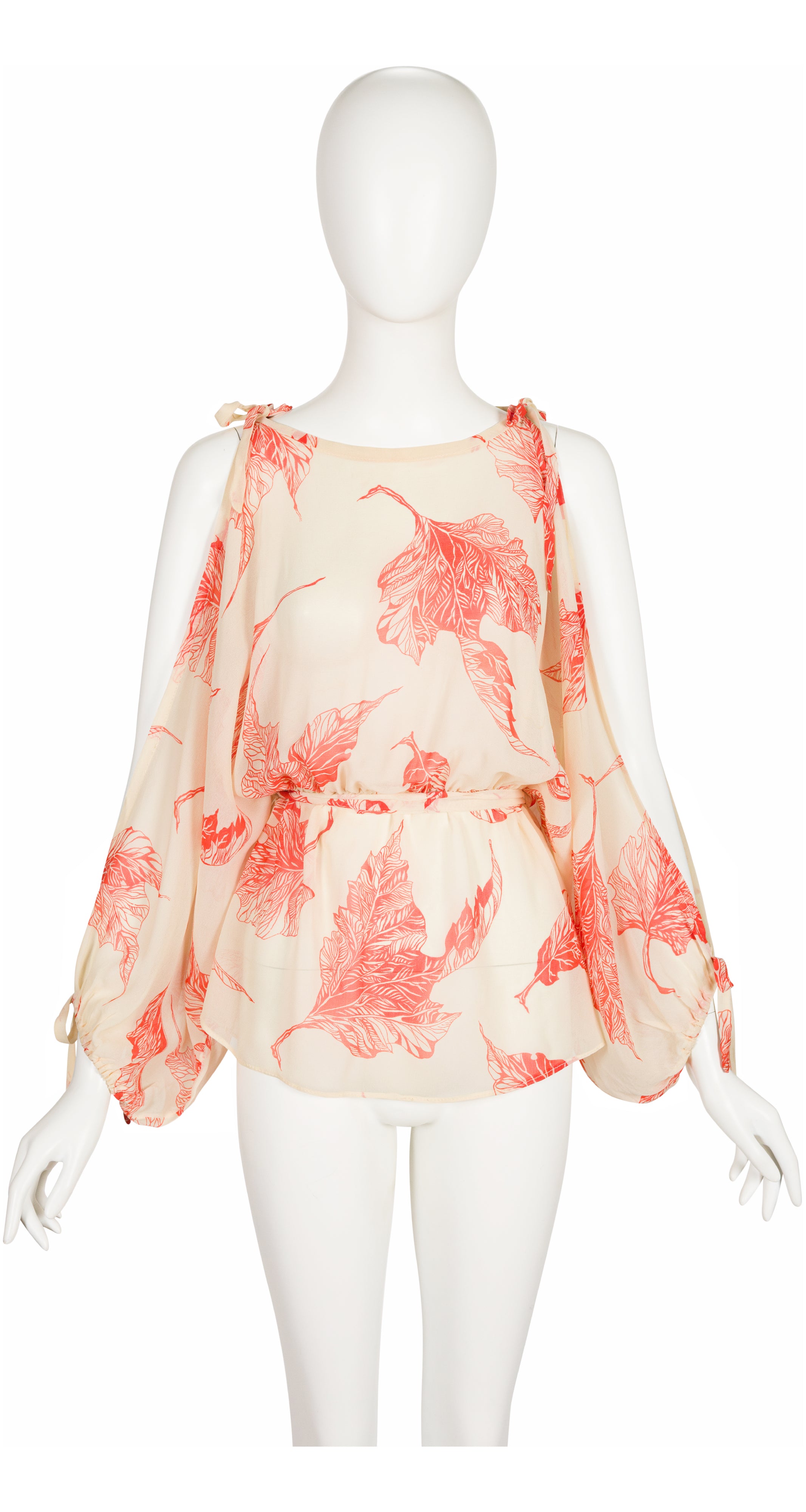 1970s Leaf Print Chiffon Cut-Out Balloon Sleeve Blouse