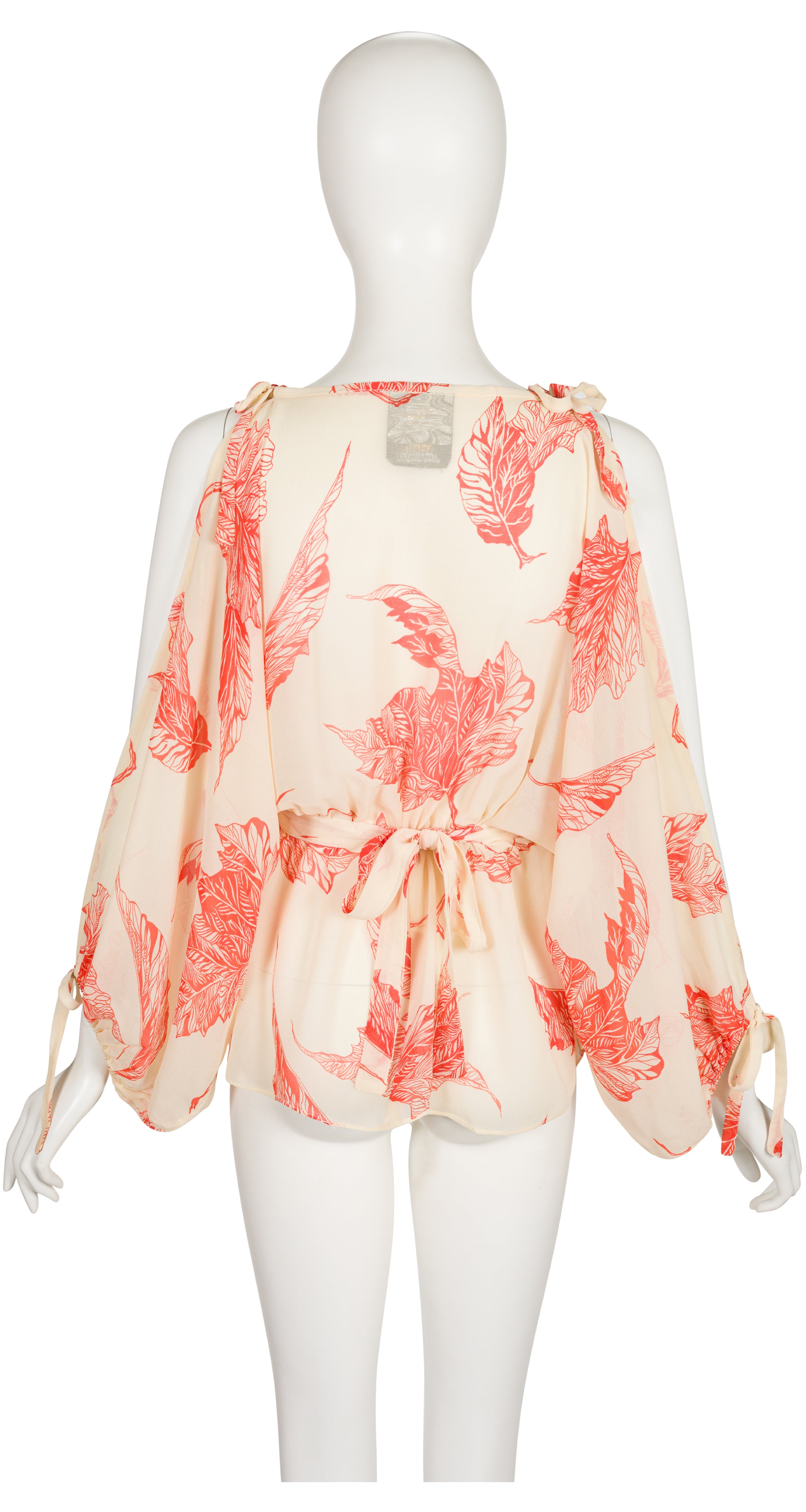 1970s Leaf Print Chiffon Cut-Out Balloon Sleeve Blouse