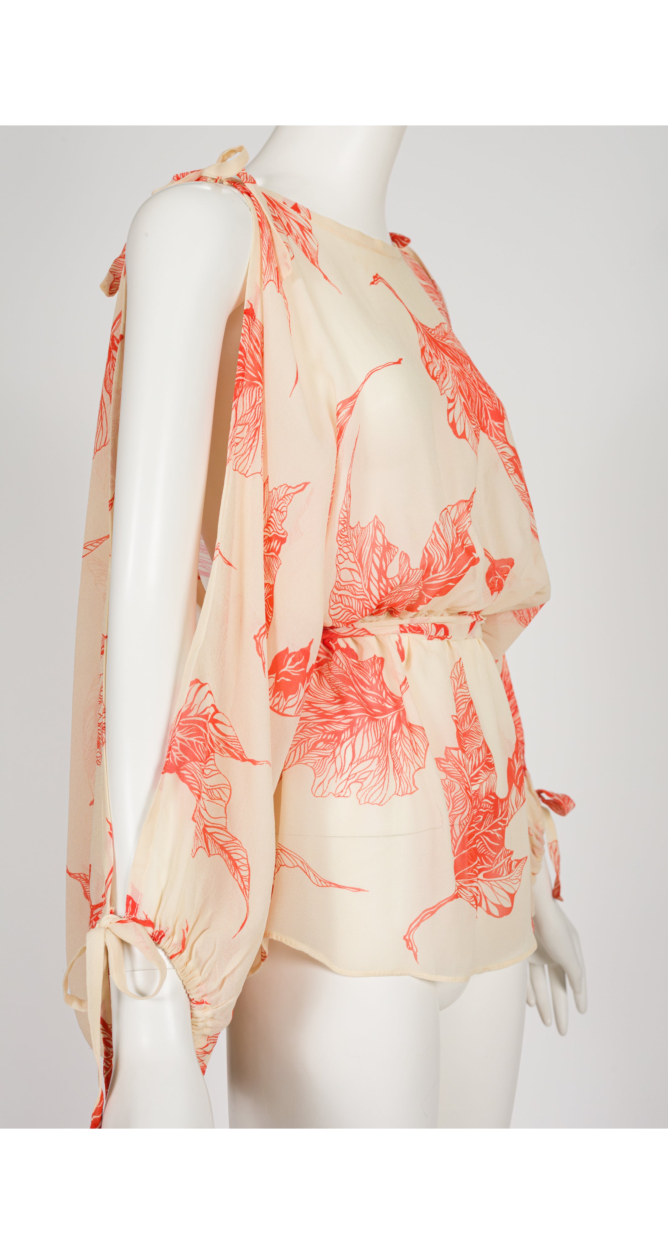 1970s Leaf Print Chiffon Cut-Out Balloon Sleeve Blouse