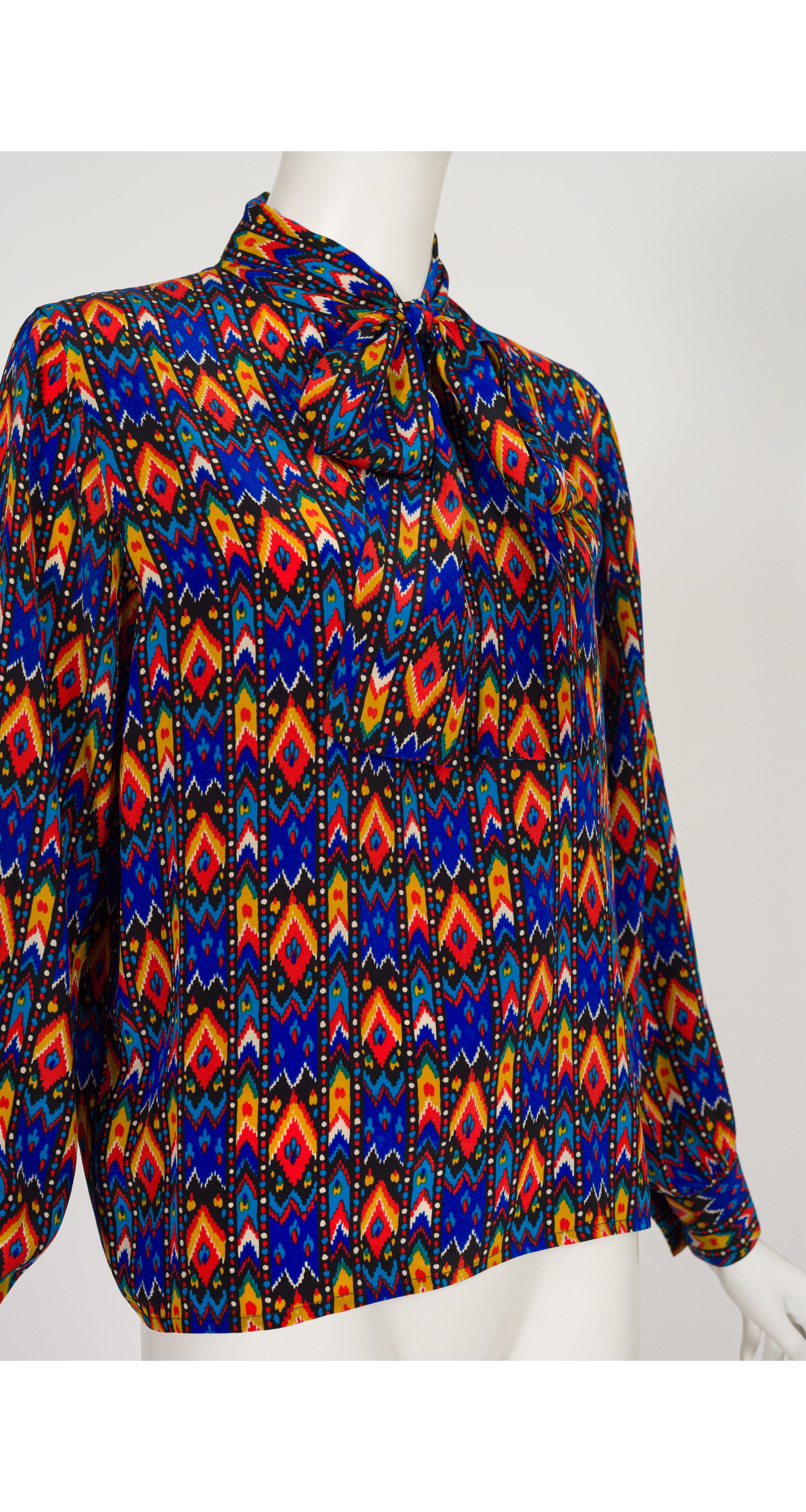 1980-81 F/W Ikat Print Silk Tie-Neck Blouse