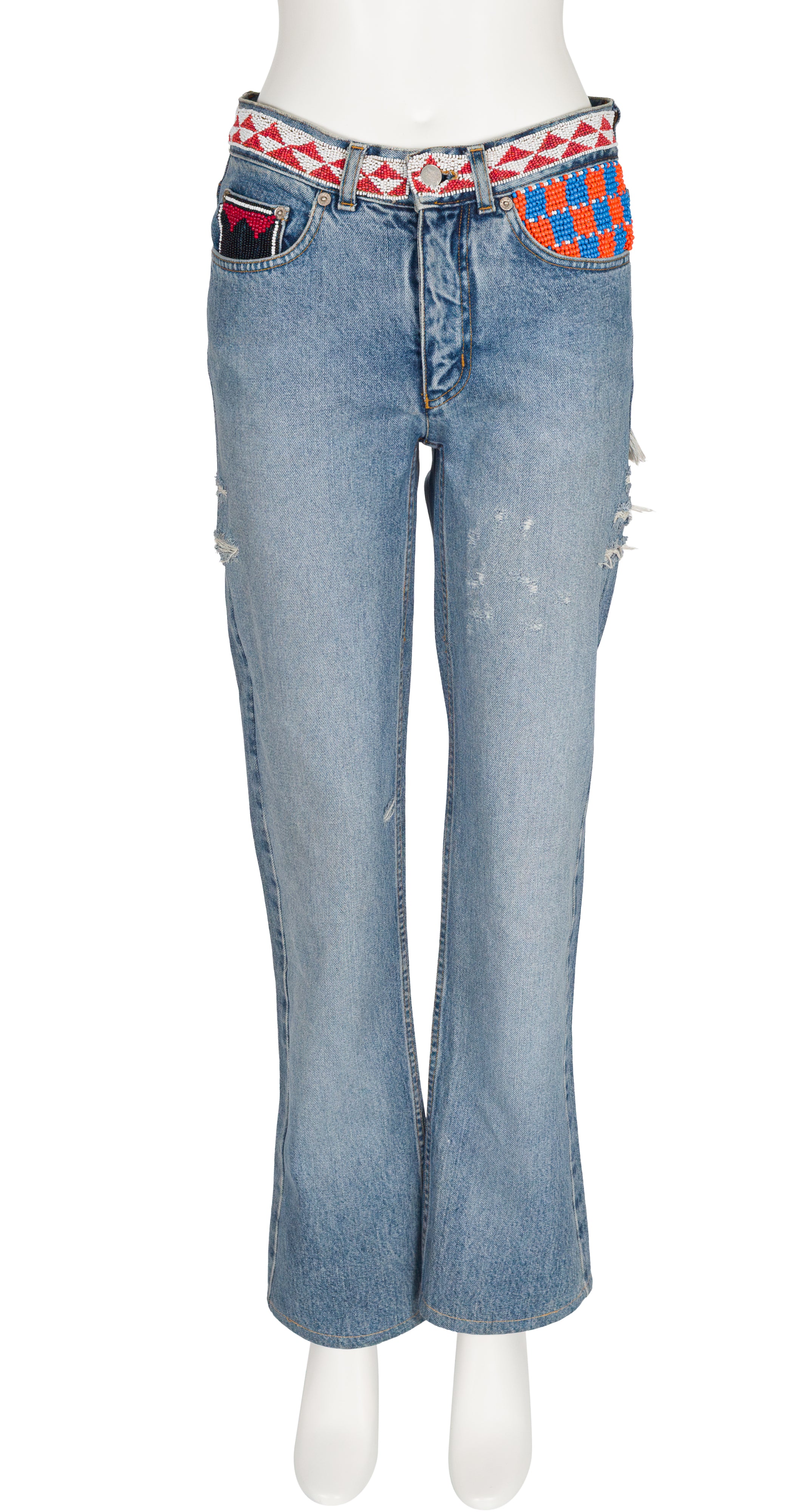 1999 S/S Beaded Distressed Denim Mid-Rise Jeans