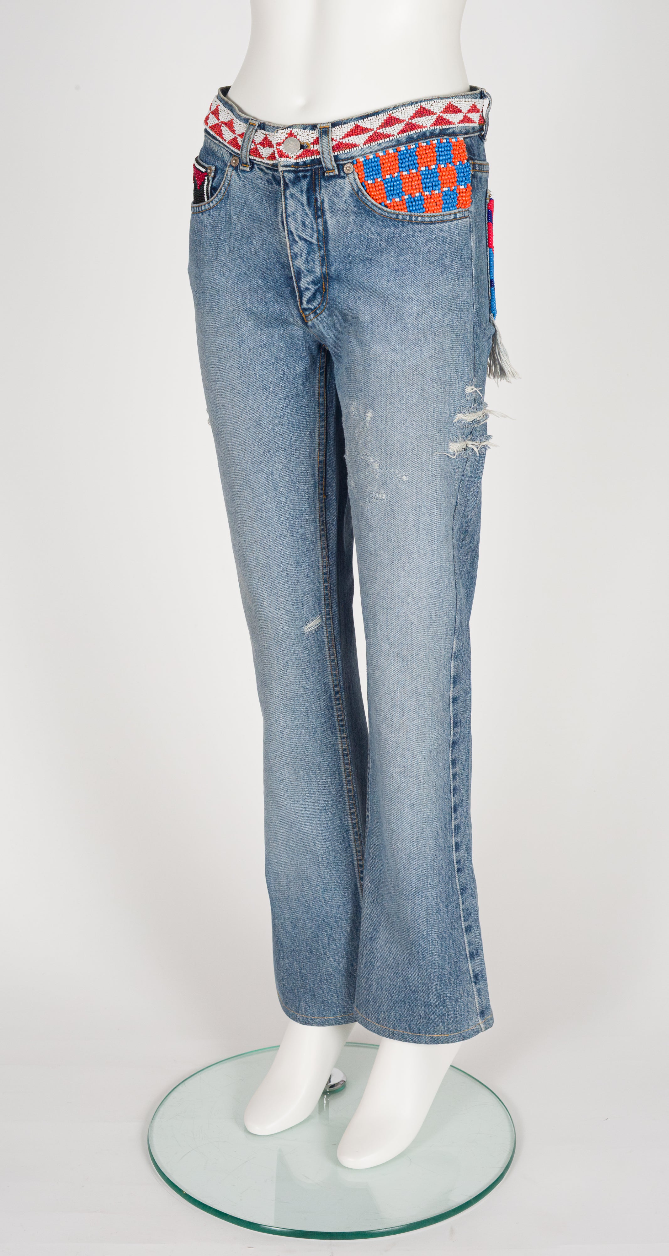 1999 S/S Beaded Distressed Denim Mid-Rise Jeans
