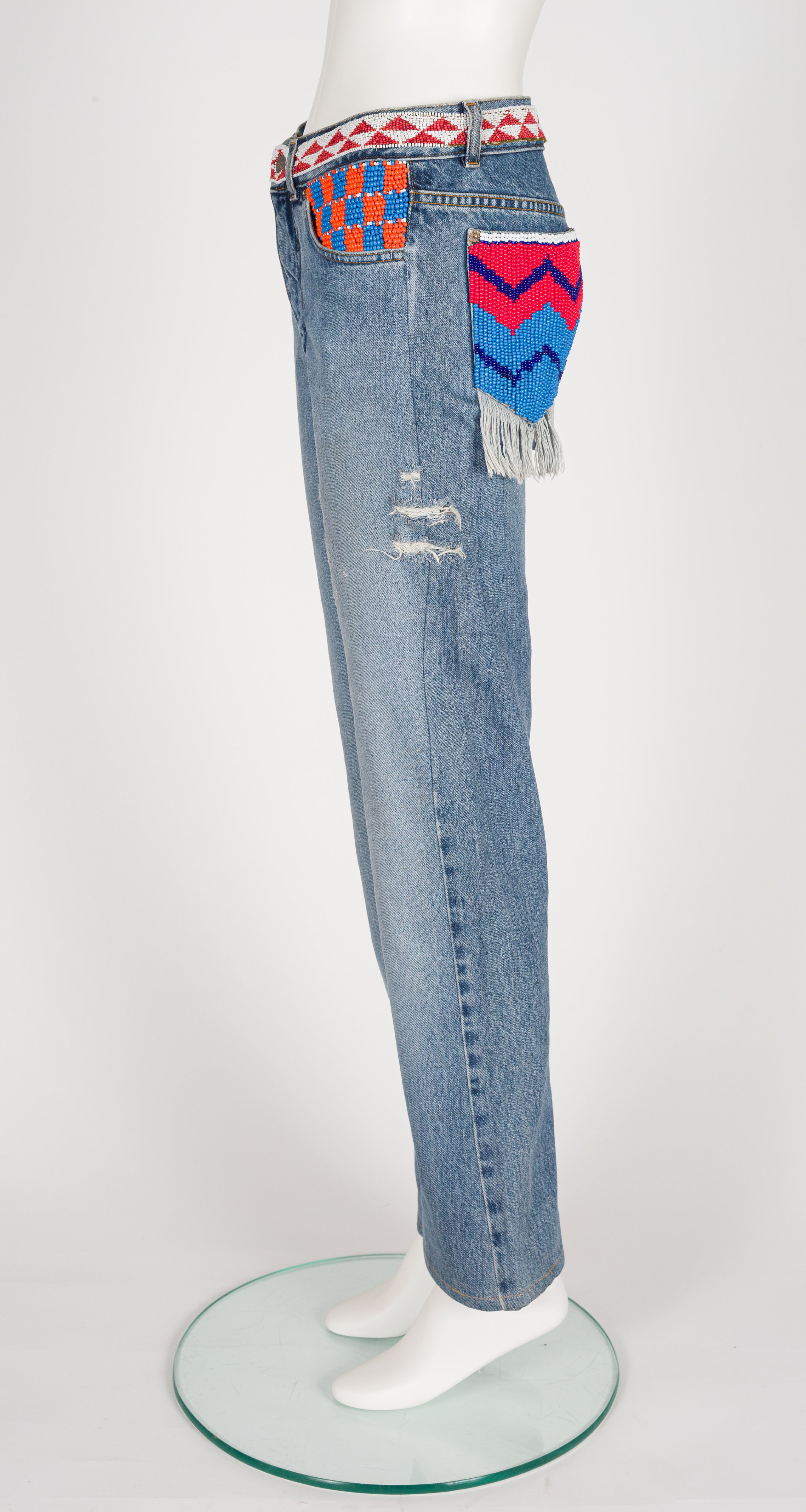 1999 S/S Beaded Distressed Denim Mid-Rise Jeans