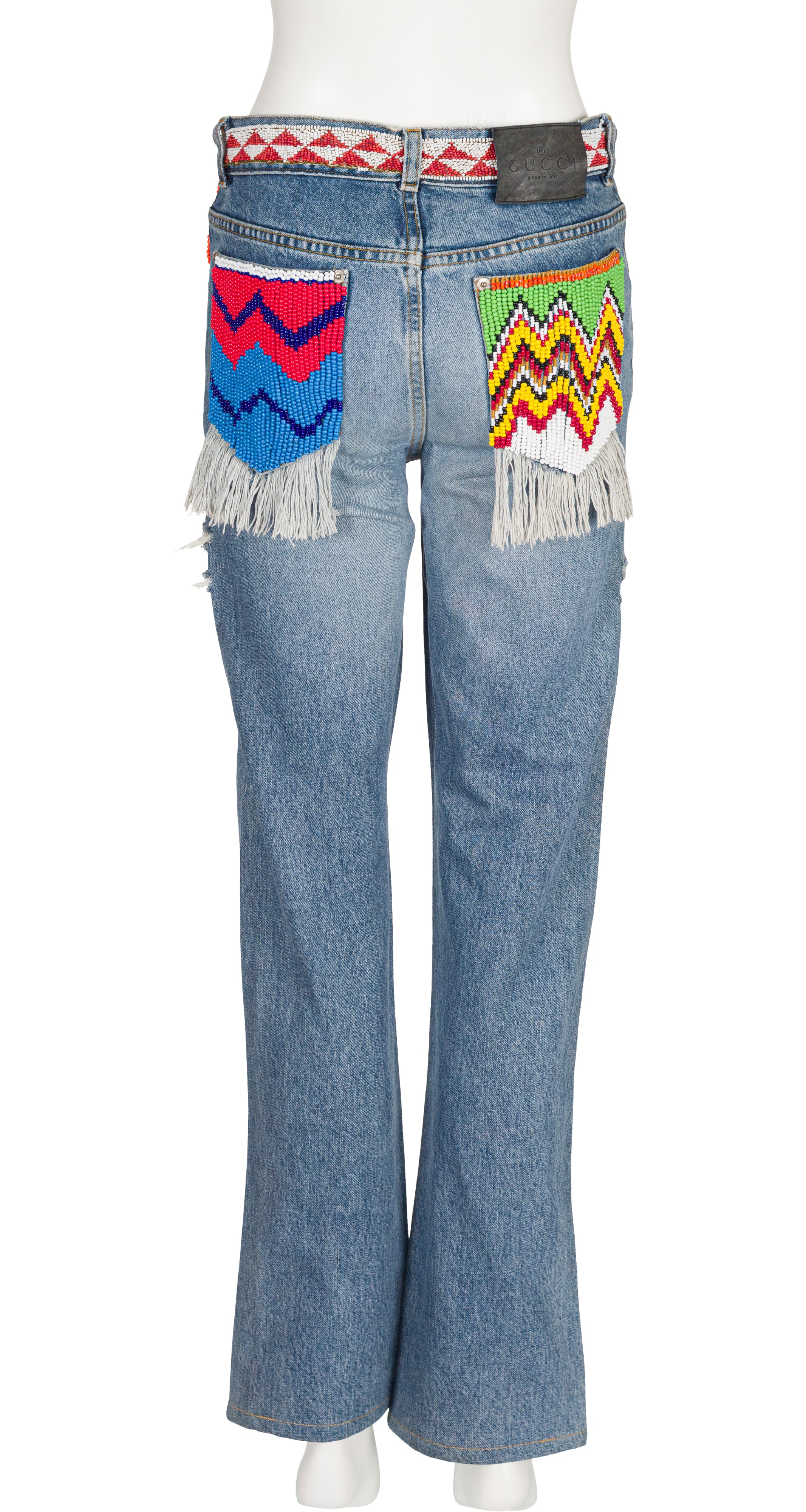 1999 S/S Beaded Distressed Denim Mid-Rise Jeans
