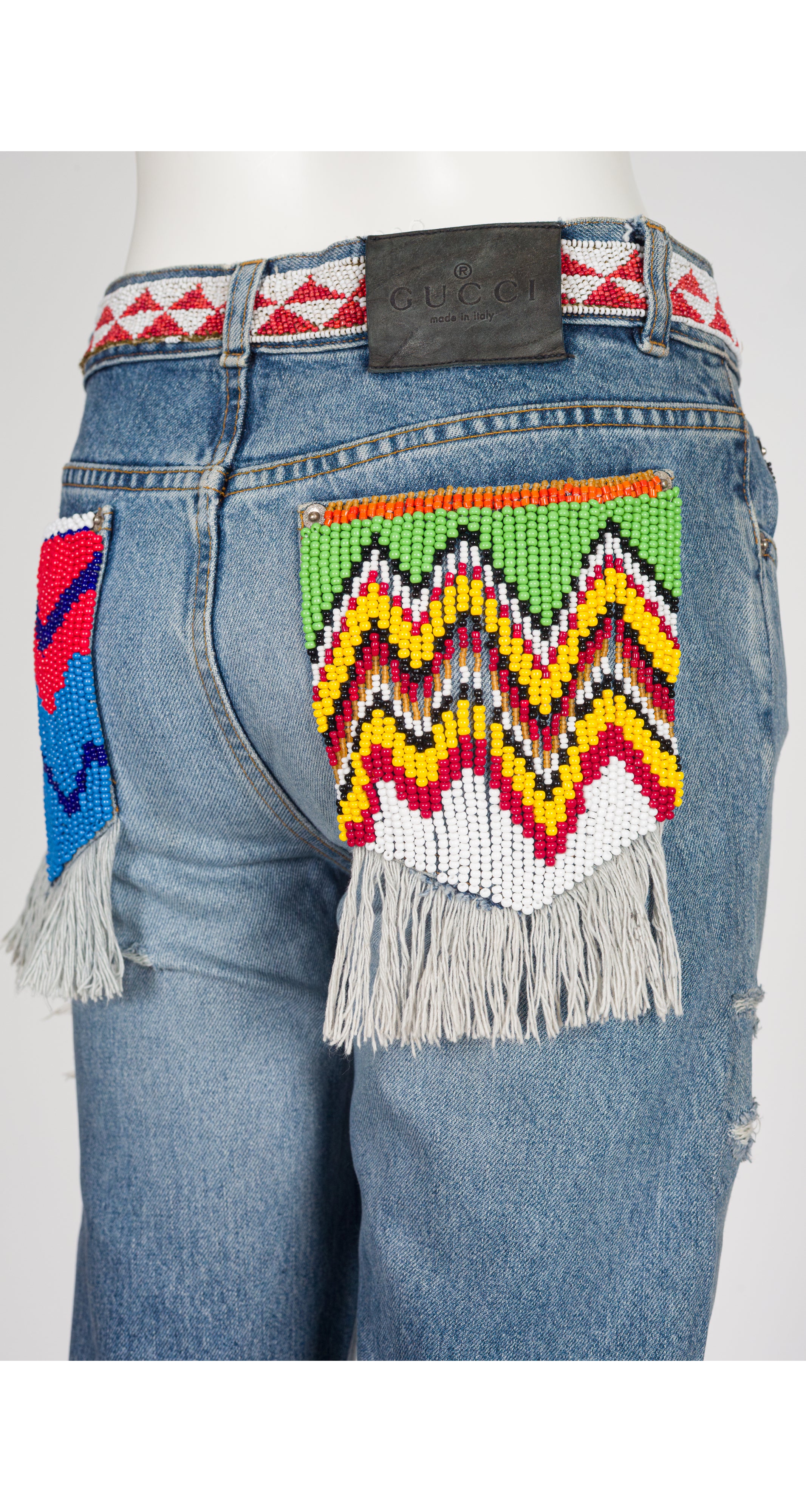 1999 S/S Beaded Distressed Denim Mid-Rise Jeans