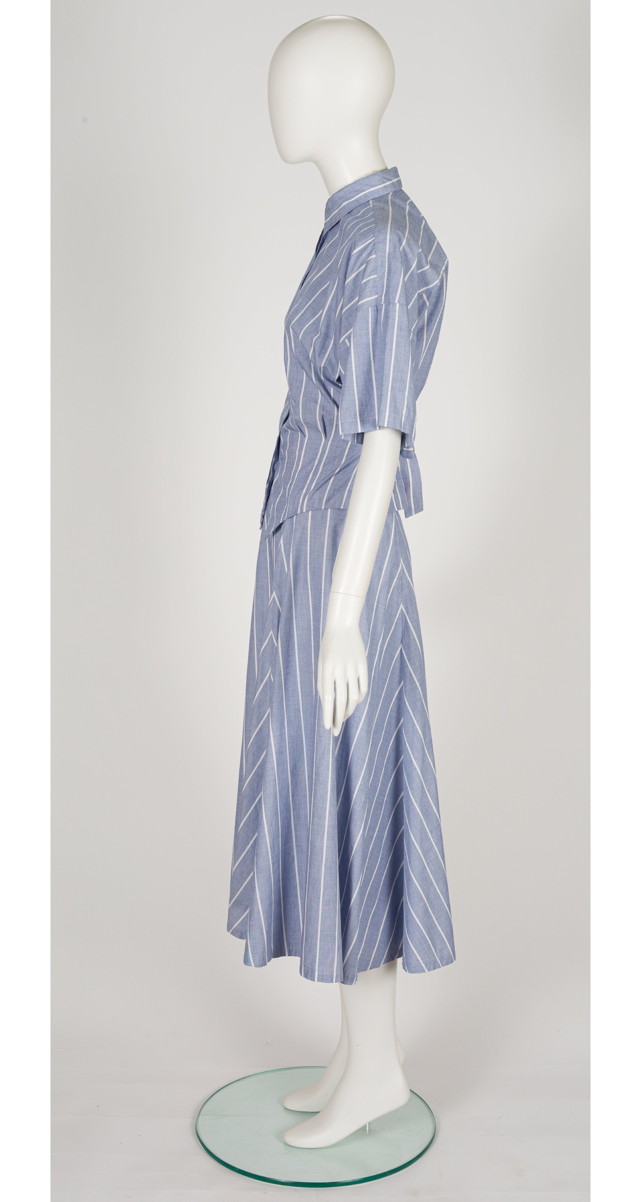 1980s Striped Chambray Cotton Collared Shirt & Skirt Set