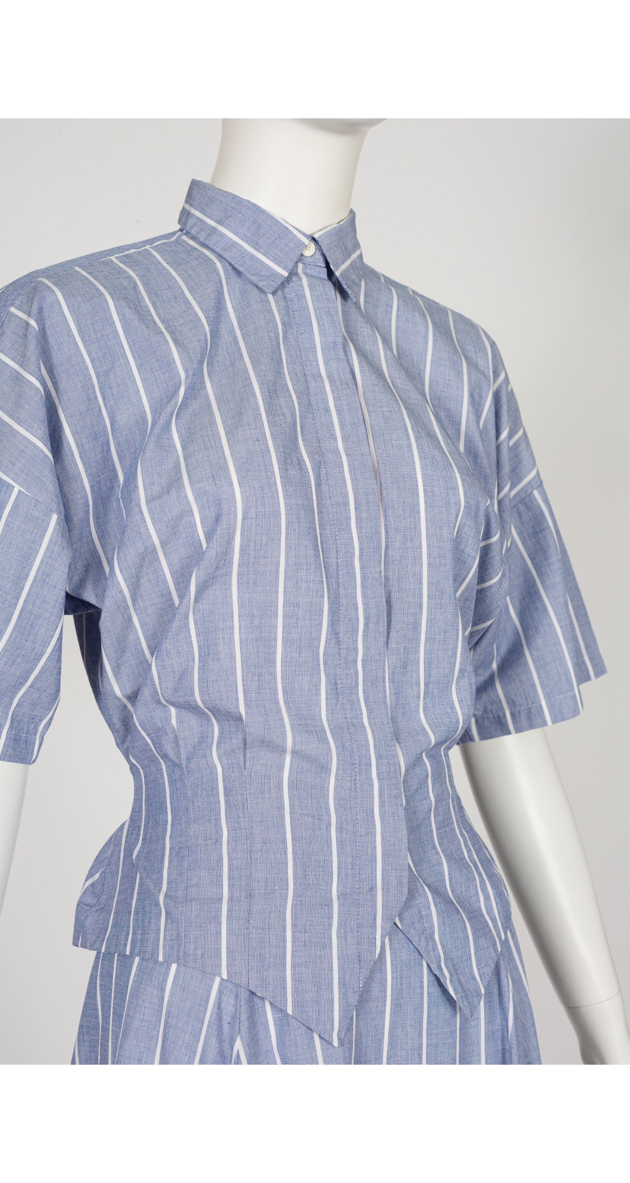 1980s Striped Chambray Cotton Collared Shirt & Skirt Set
