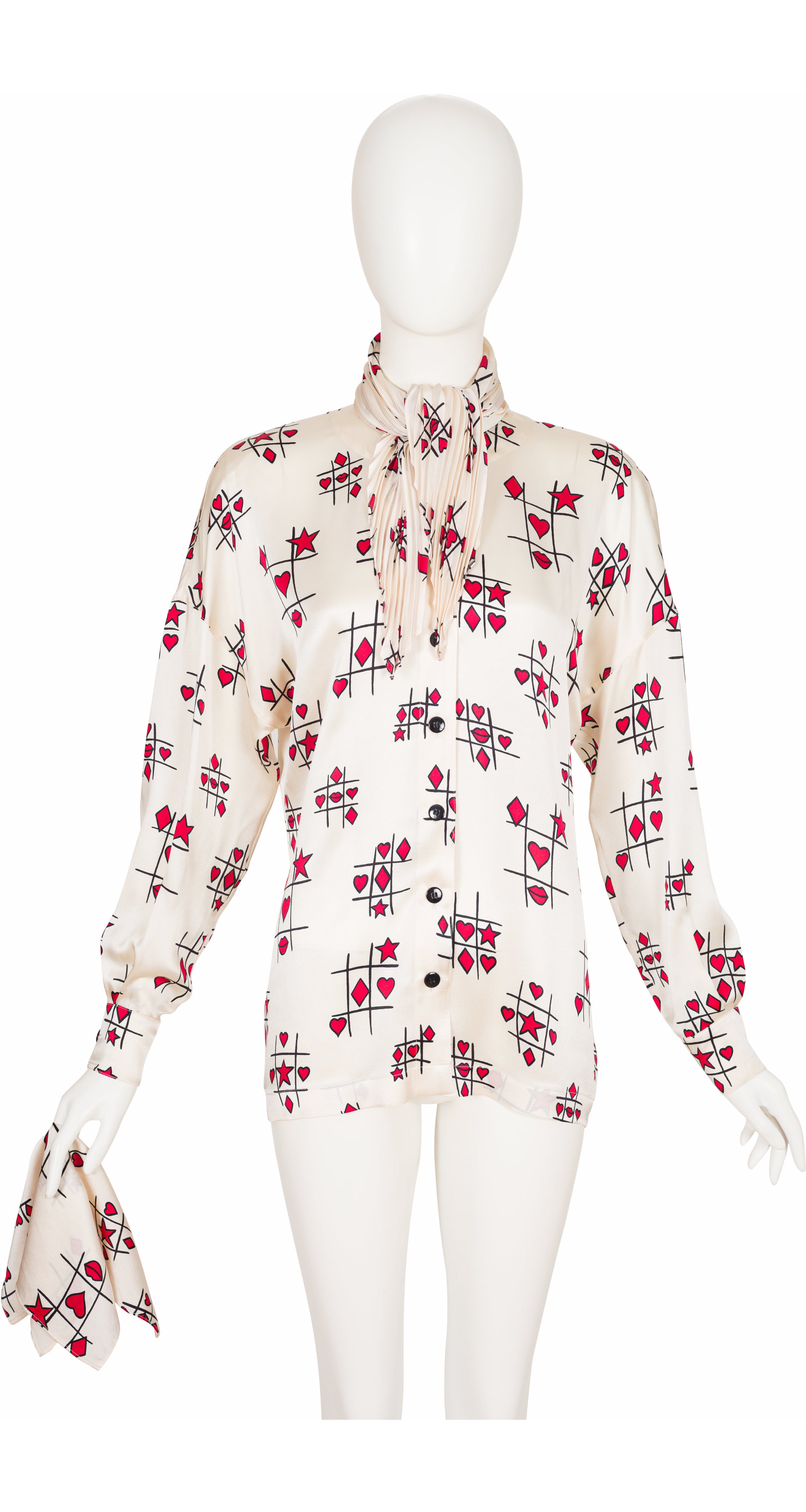1991 Tic-Tac-Toe Cream Silk Ascot Tie Blouse
