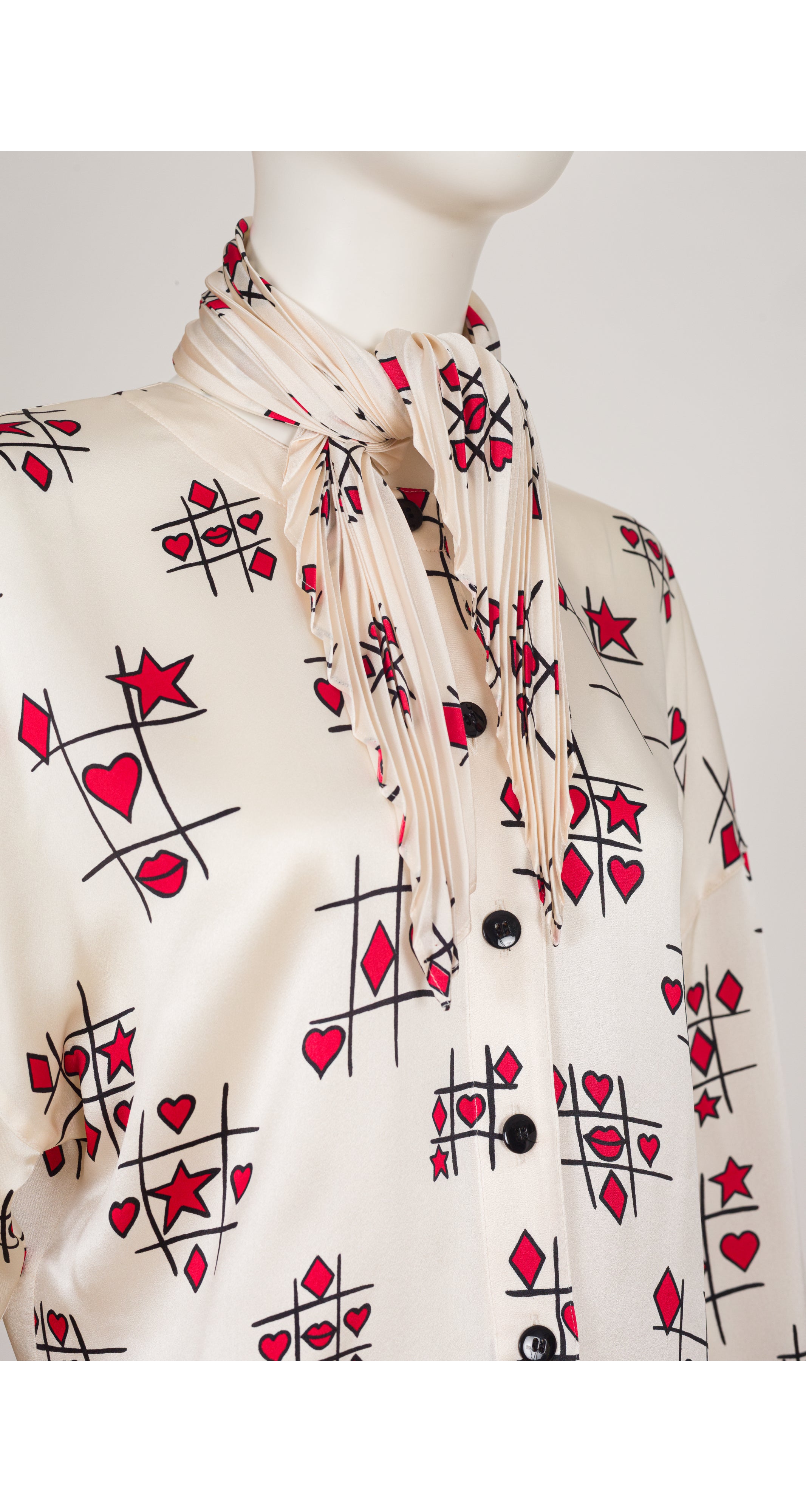 1991 Tic-Tac-Toe Cream Silk Ascot Tie Blouse