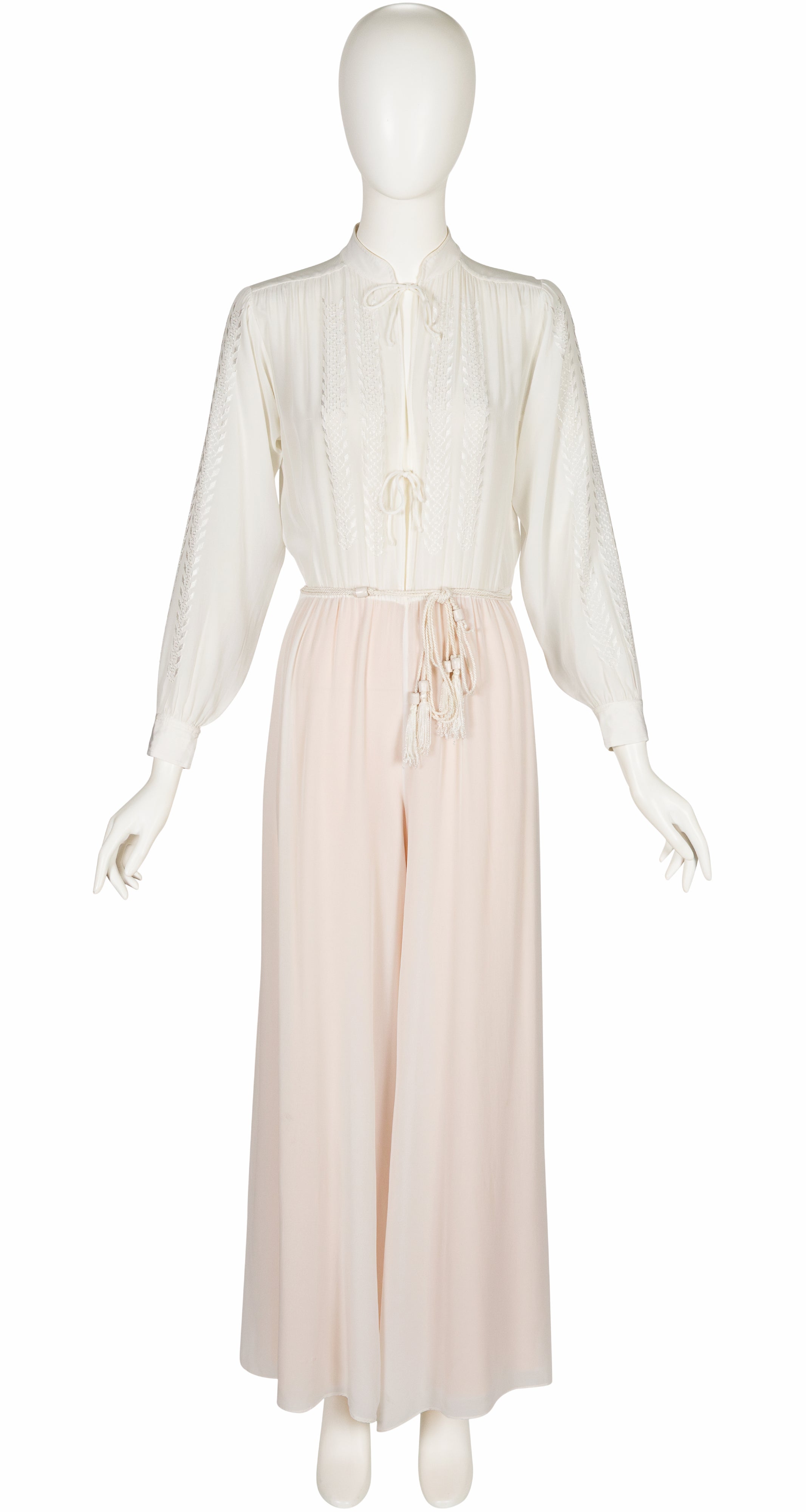 1976 S/S Embroidered White Rayon Wide Leg Jumpsuit