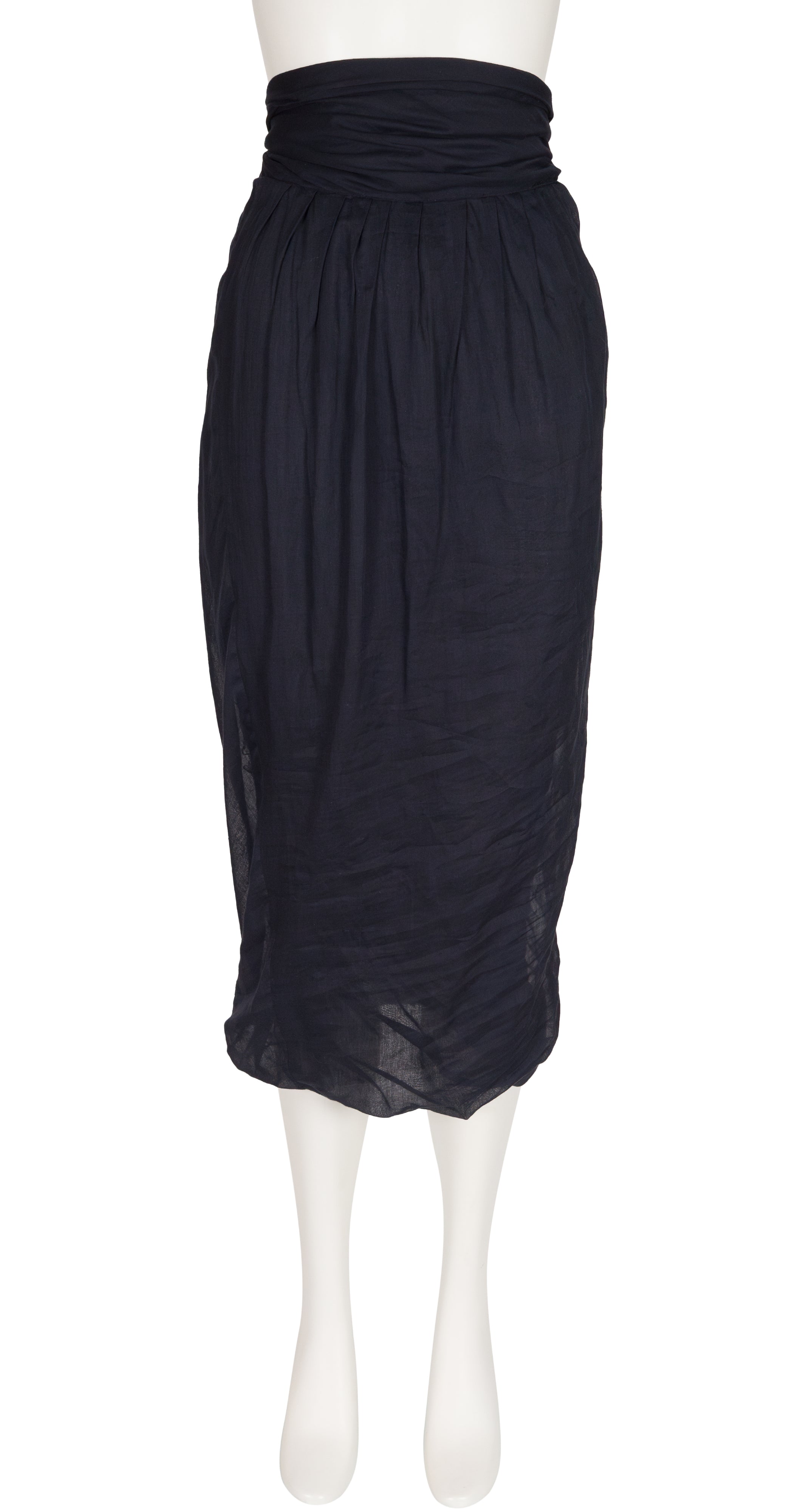 1987 Draped Black Cotton Voile High-Waisted Midi Skirt