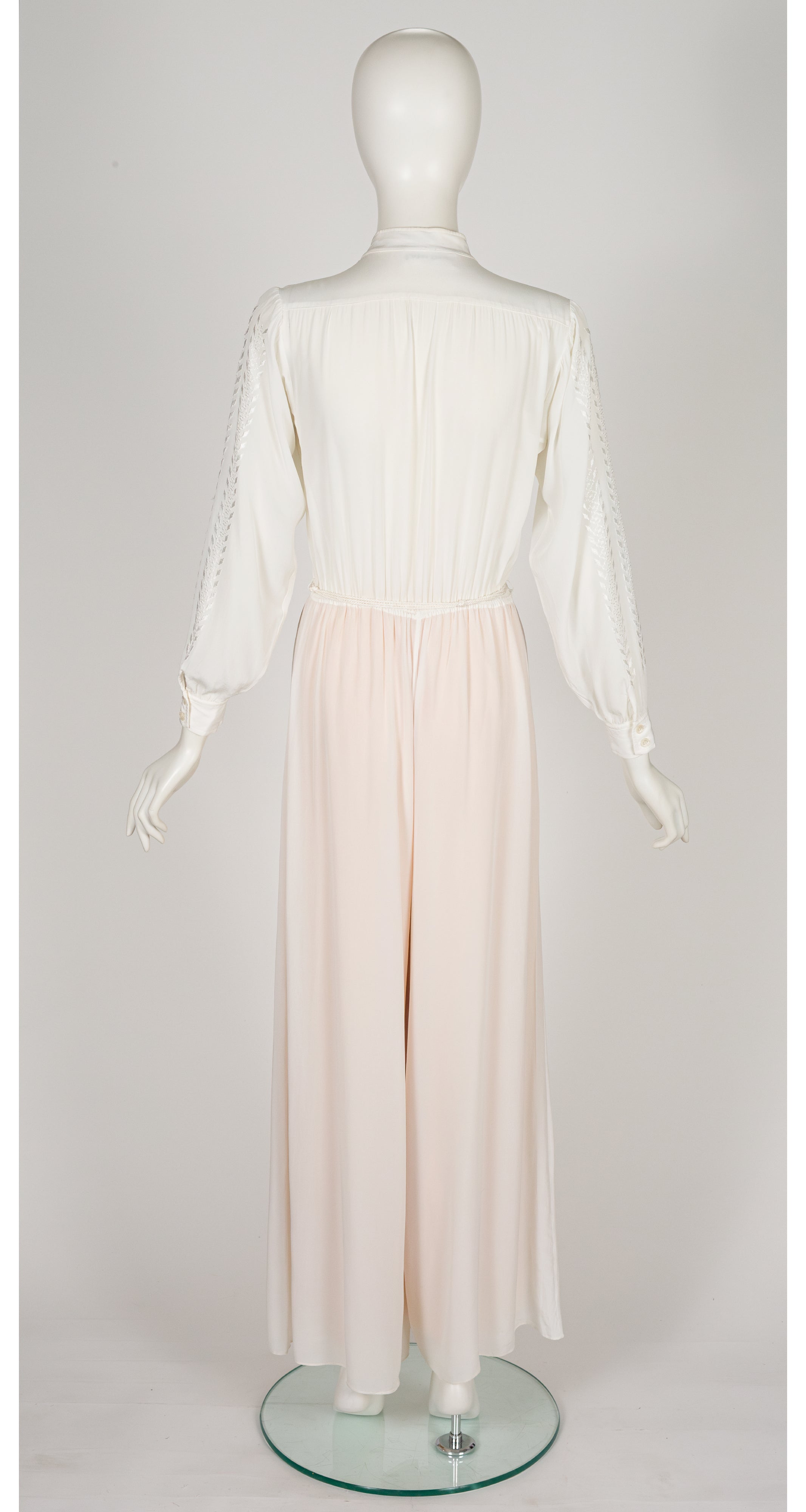 1976 S/S Embroidered White Rayon Wide Leg Jumpsuit