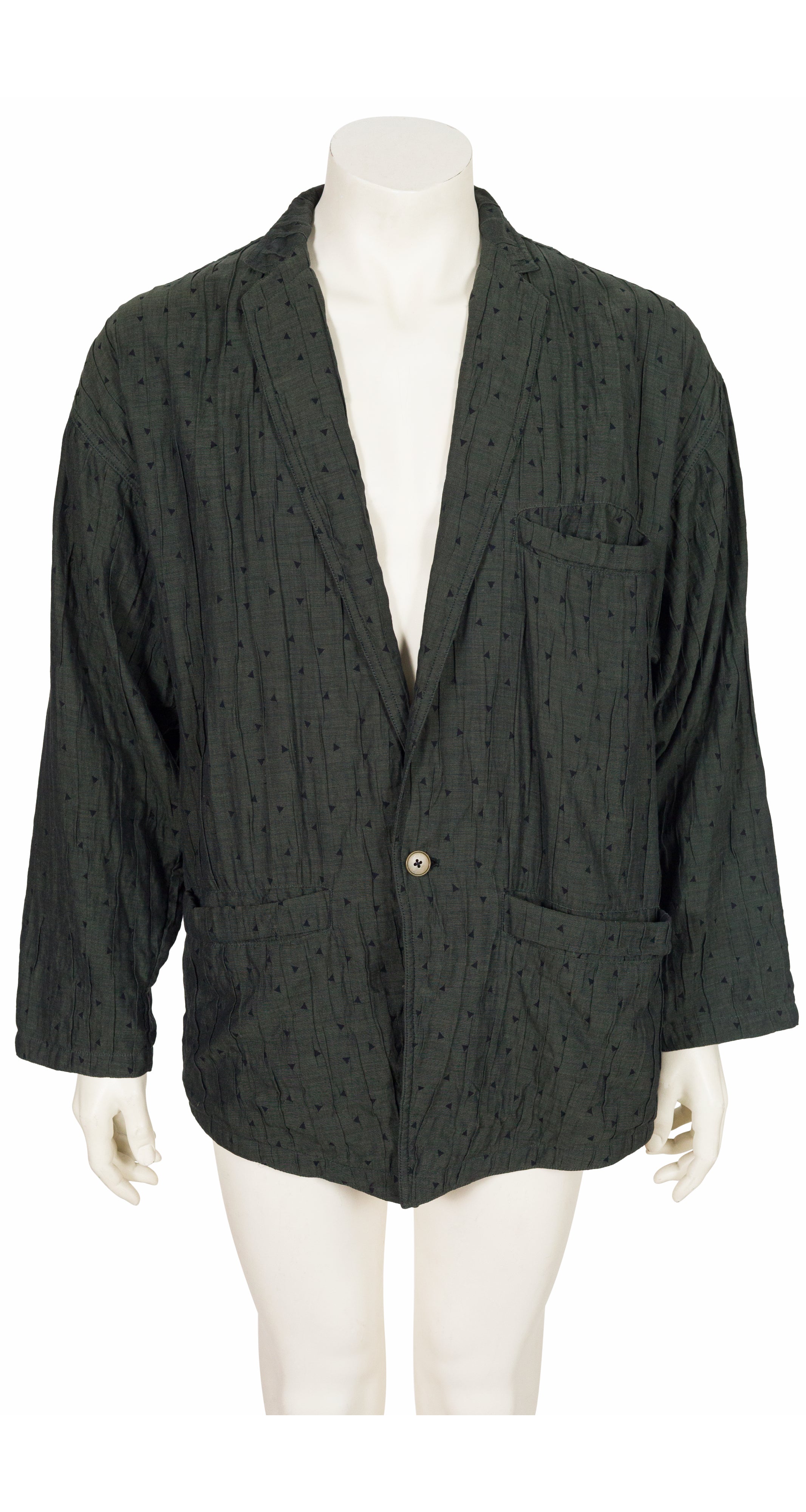 1986 S/S Men's Triangle Print Dark Green Crinkle Cotton Blazer