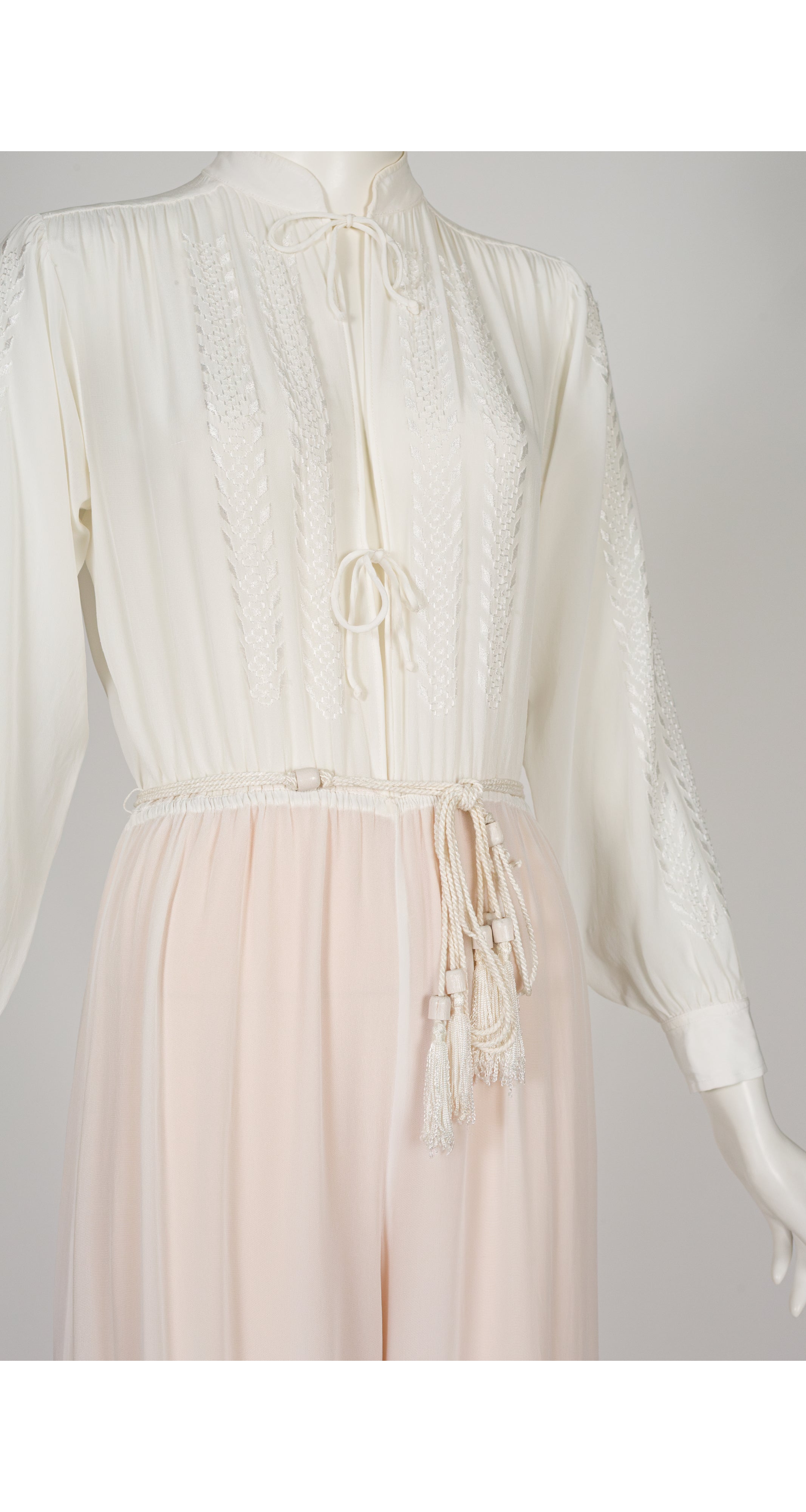 1976 S/S Embroidered White Rayon Wide Leg Jumpsuit