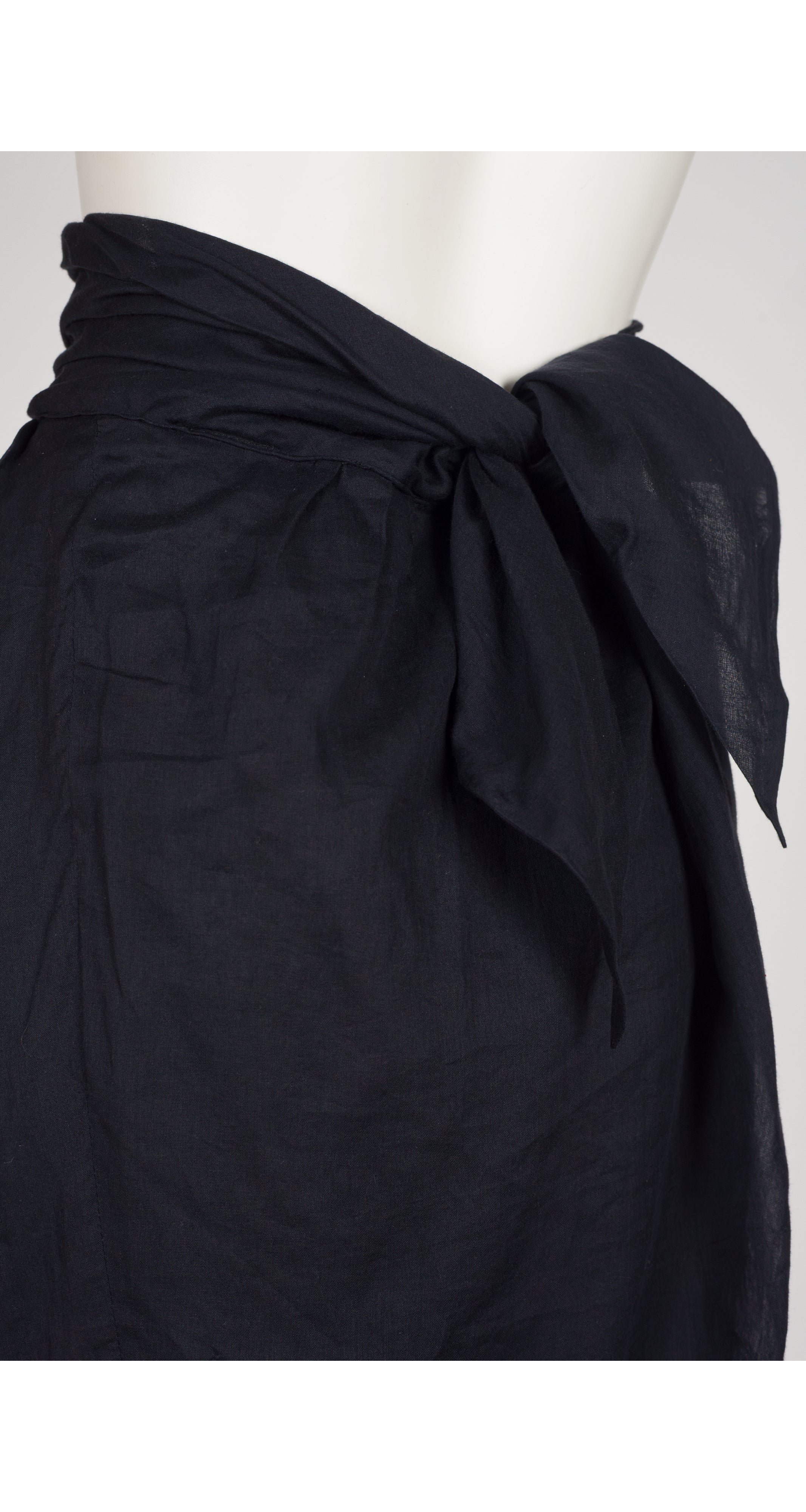 1987 Draped Black Cotton Voile High-Waisted Midi Skirt