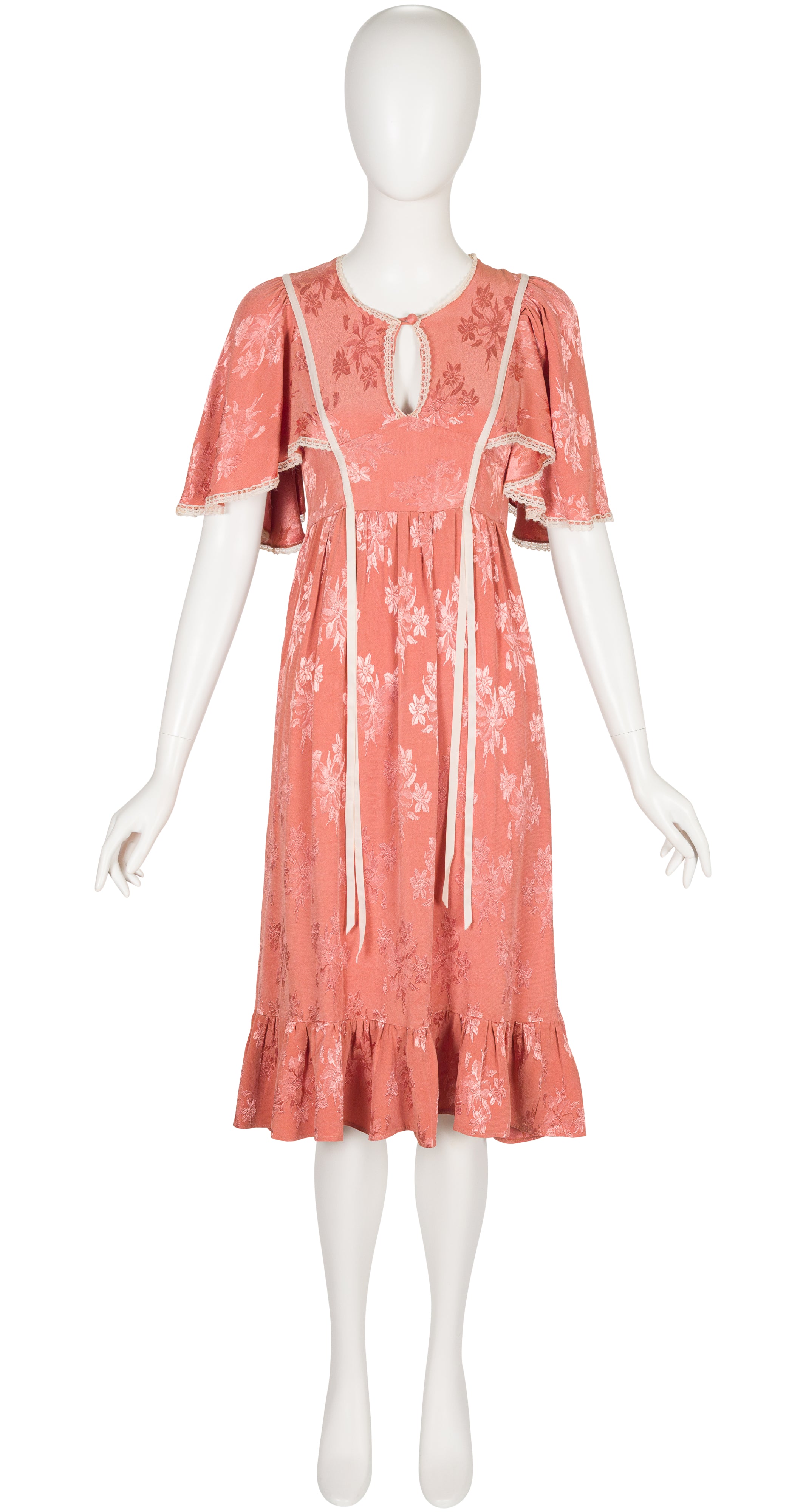1970s Dusty Rose Jacquard Flutter Sleeve Dress