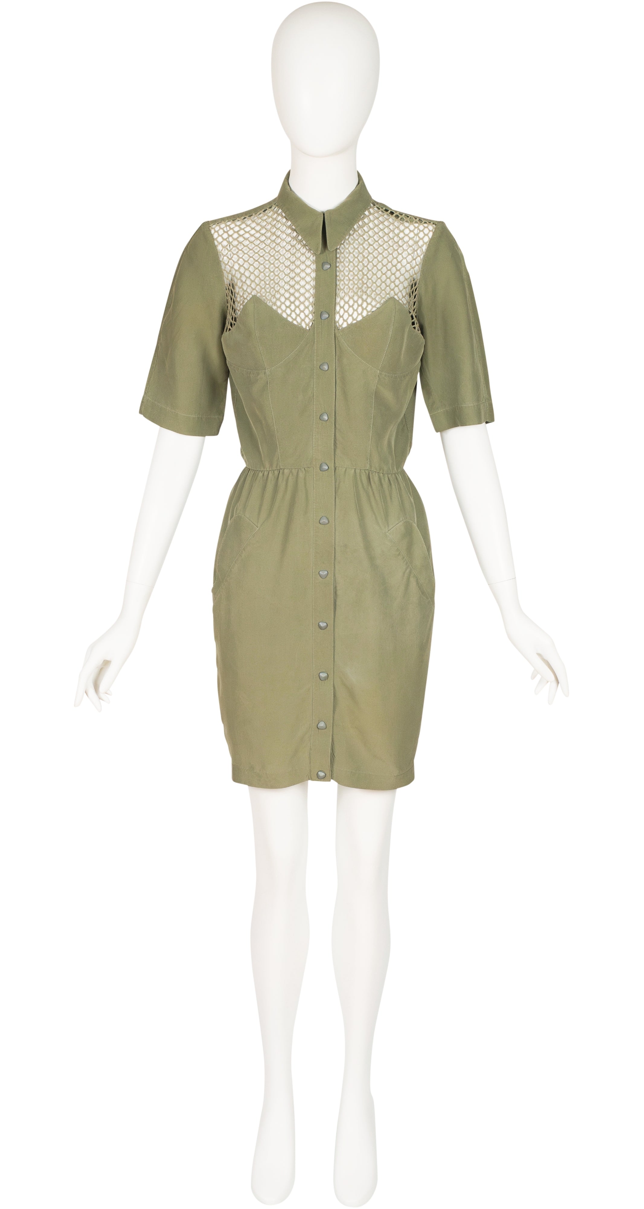 1990s Army Green Silk Fishnet Yoke Collared Dress