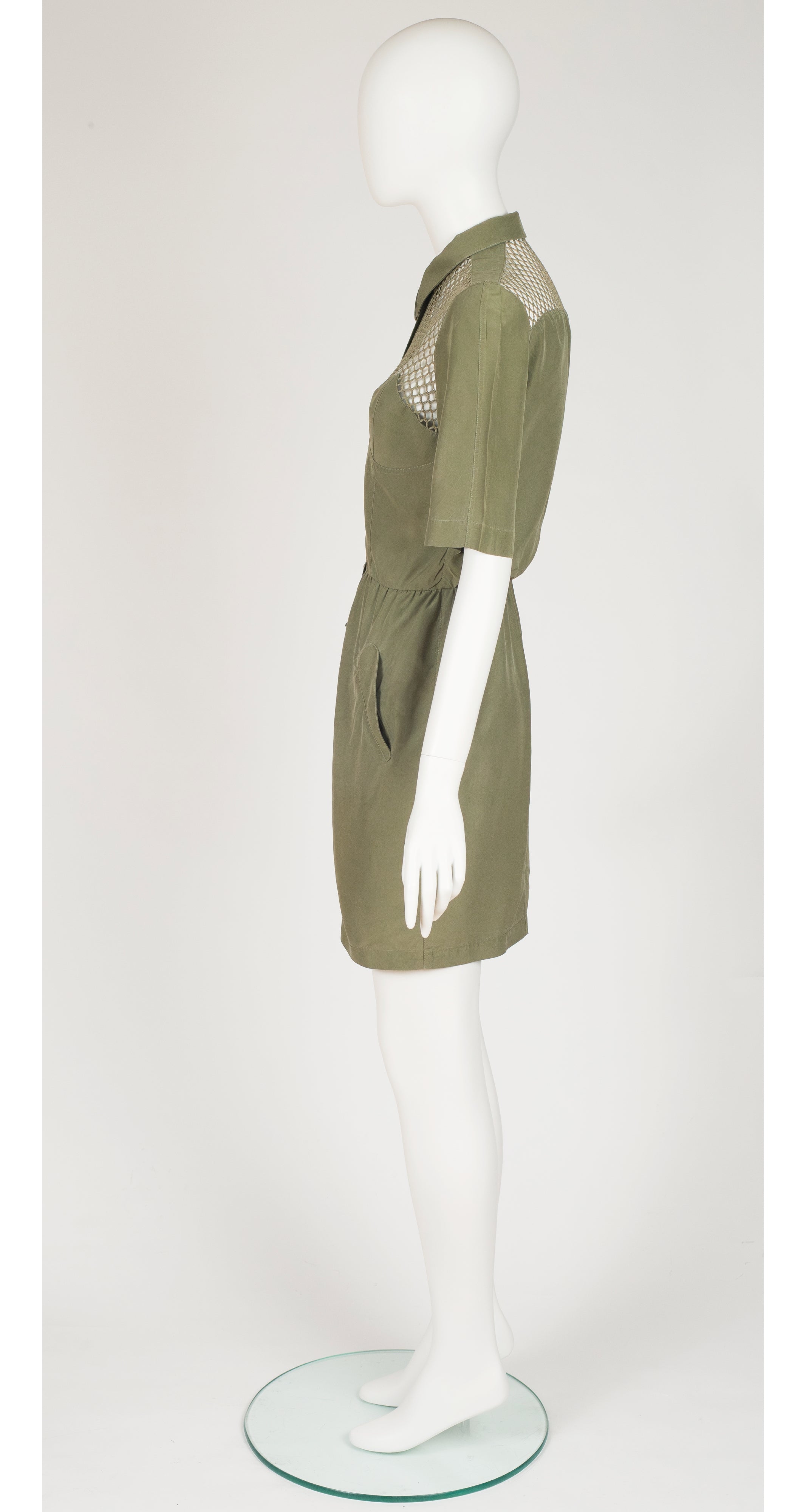 1990s Army Green Silk Fishnet Yoke Collared Dress