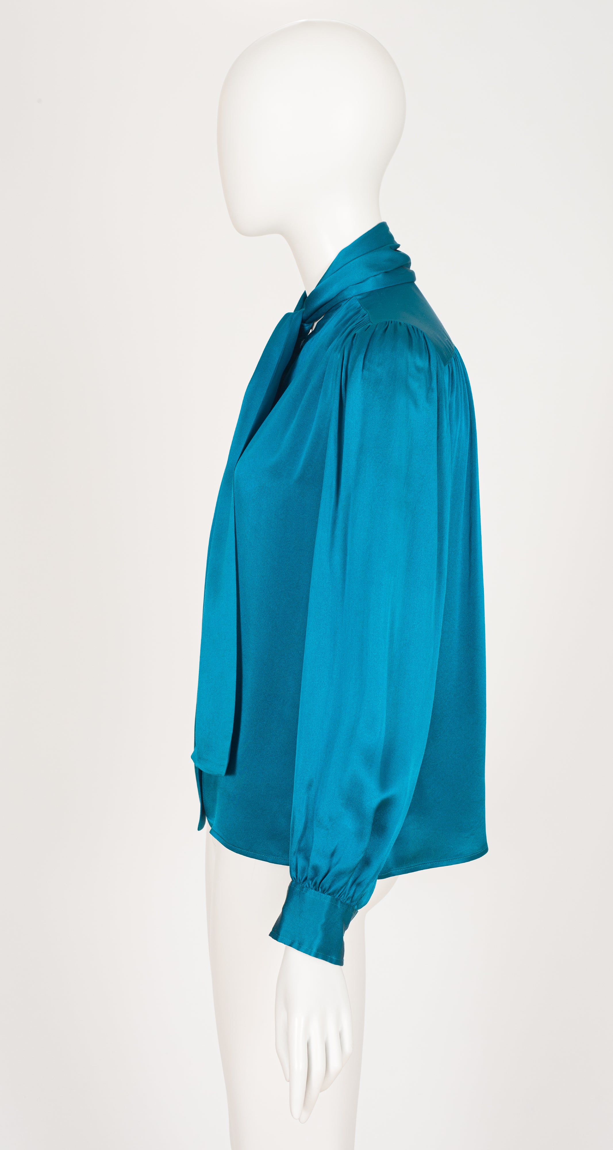 1980s Teal Silk Tie-Neck Long Sleeve Blouse