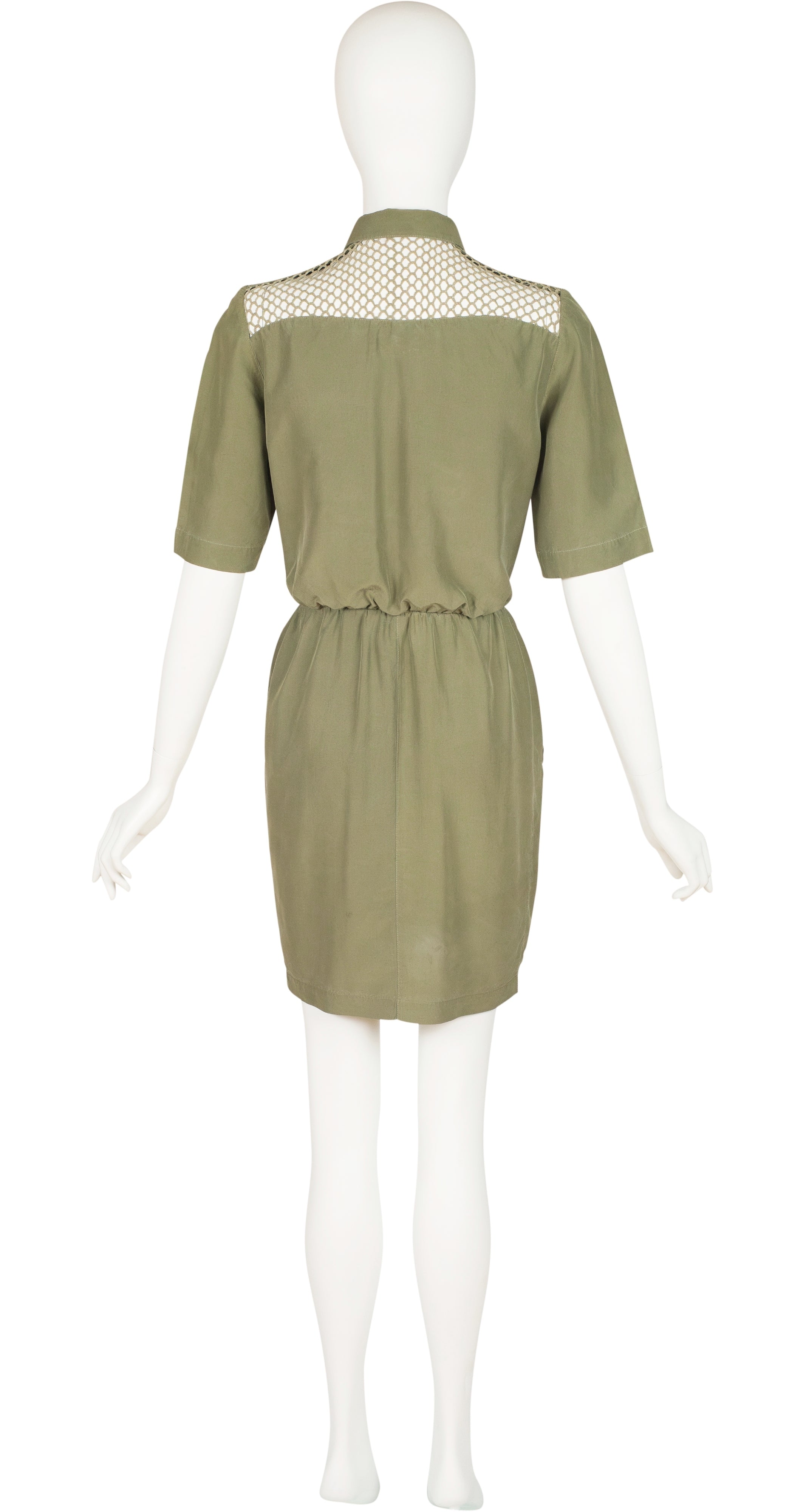 1990s Army Green Silk Fishnet Yoke Collared Dress