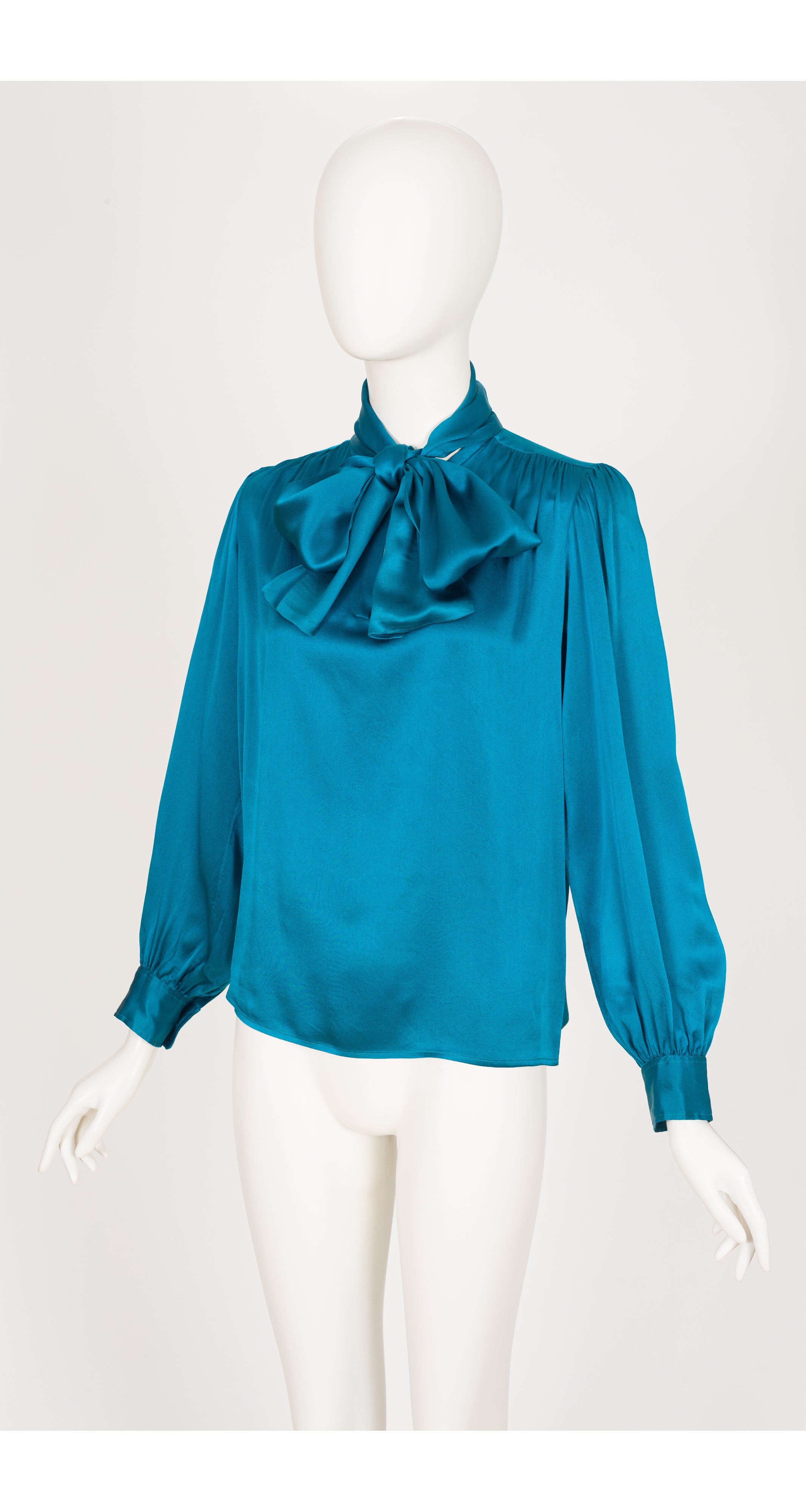 1980s Teal Silk Tie-Neck Long Sleeve Blouse